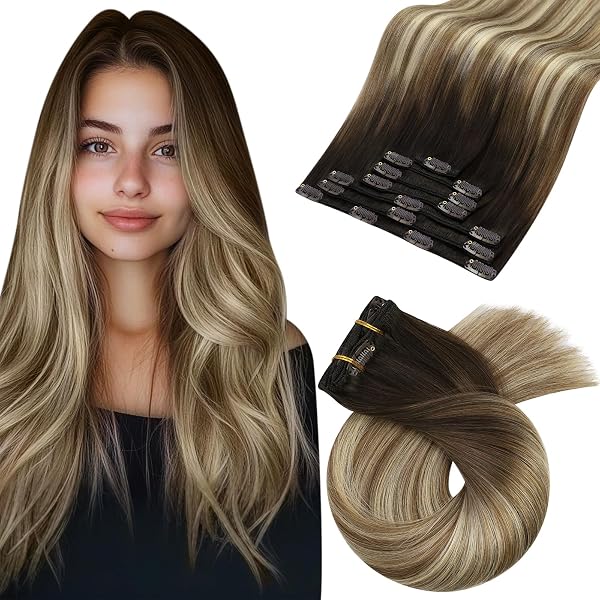 Moresoo Clip in Hair Extensions Real Human Hair Balayage Medium Brown and Blonde Real Hair Extensions Clip in Human Hair for Women Full Head 22 Inch 7pcs/120g #4/6/613 - 1