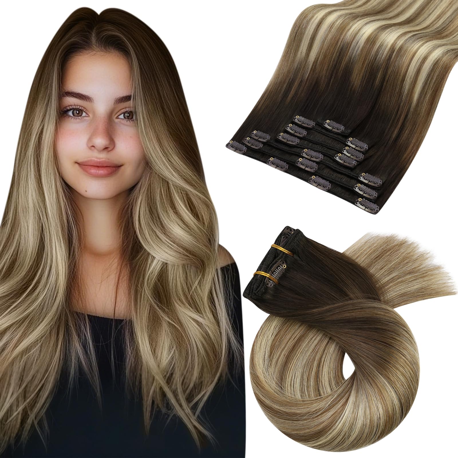 Moresoo Clip in Hair Extensions Real Human Hair Balayage Medium Brown and Blonde Real Hair Extensions Clip in Human Hair for Women Full Head 22 Inch 7pcs/120g #4/6/613