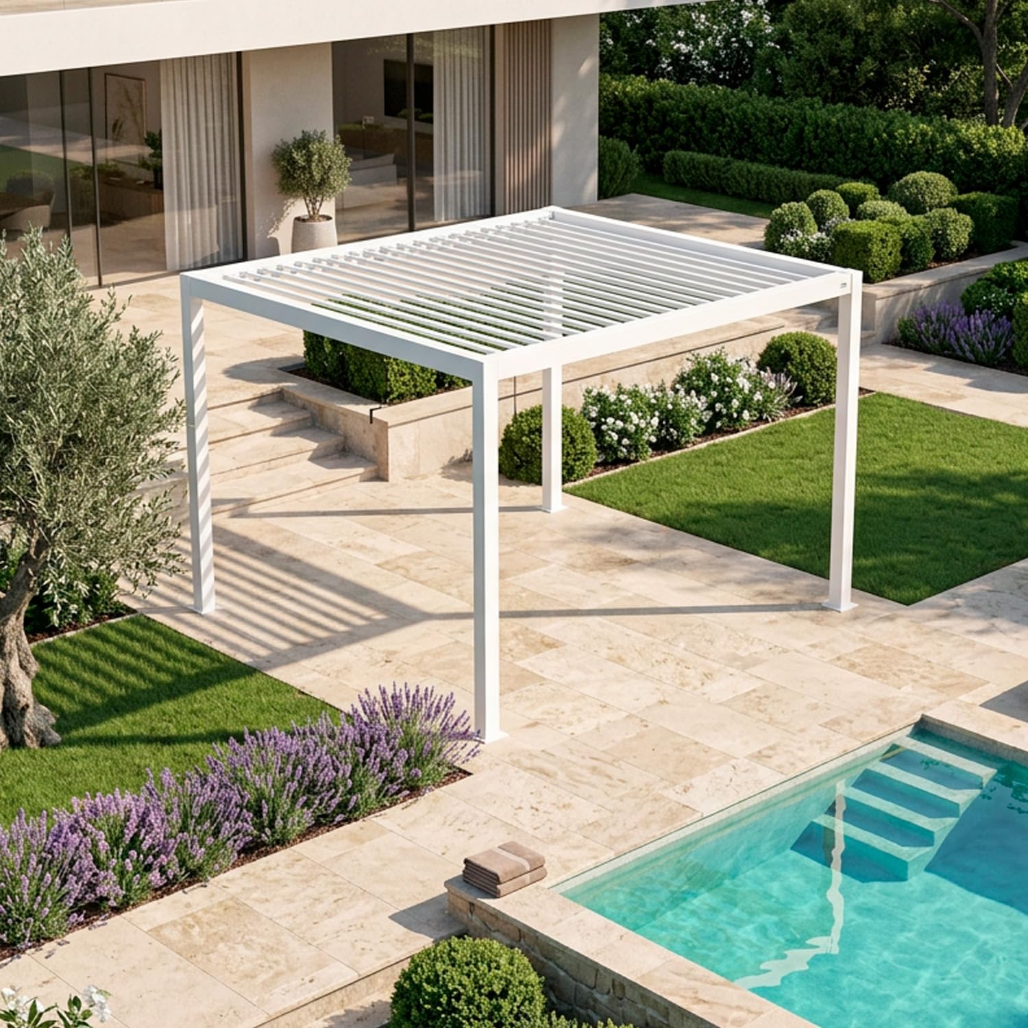Pergola Bioclimatica 3x4 Metri Gazebo Con Tetto A Lamelle Orientabili Sistema Di Drenaggio Struttura In Alluminio E Acciaio Resistente Ai Raggi UV Per Giardino Terrazza E Piscina Bianco Opaco