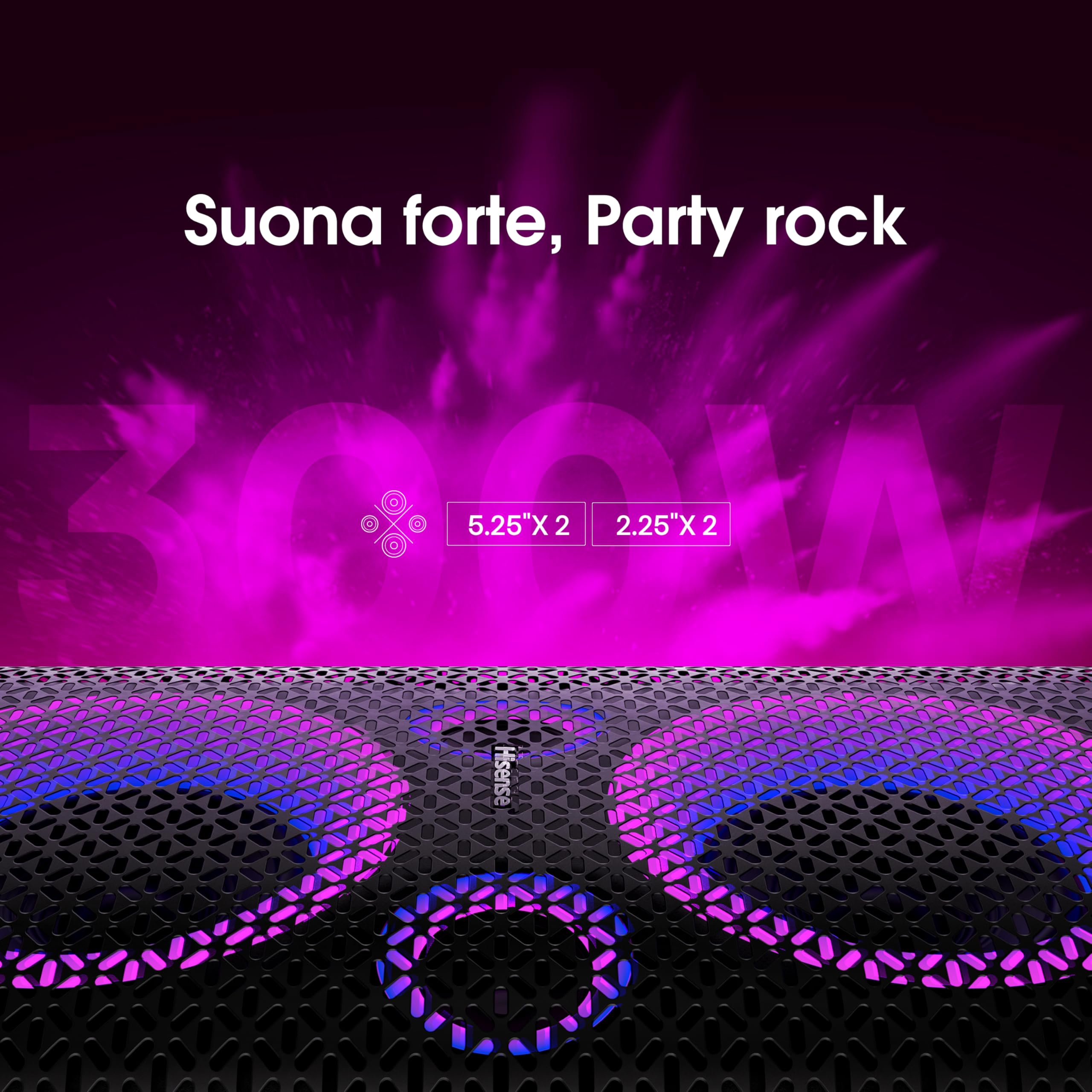 Hisense Party Rocker One, l'altoparlante Bluetooth con una potenza da 300W, woofer integrato,Modalita' Karaoke, wireless charging pad integrato, ingresso e uscita AUX, USB