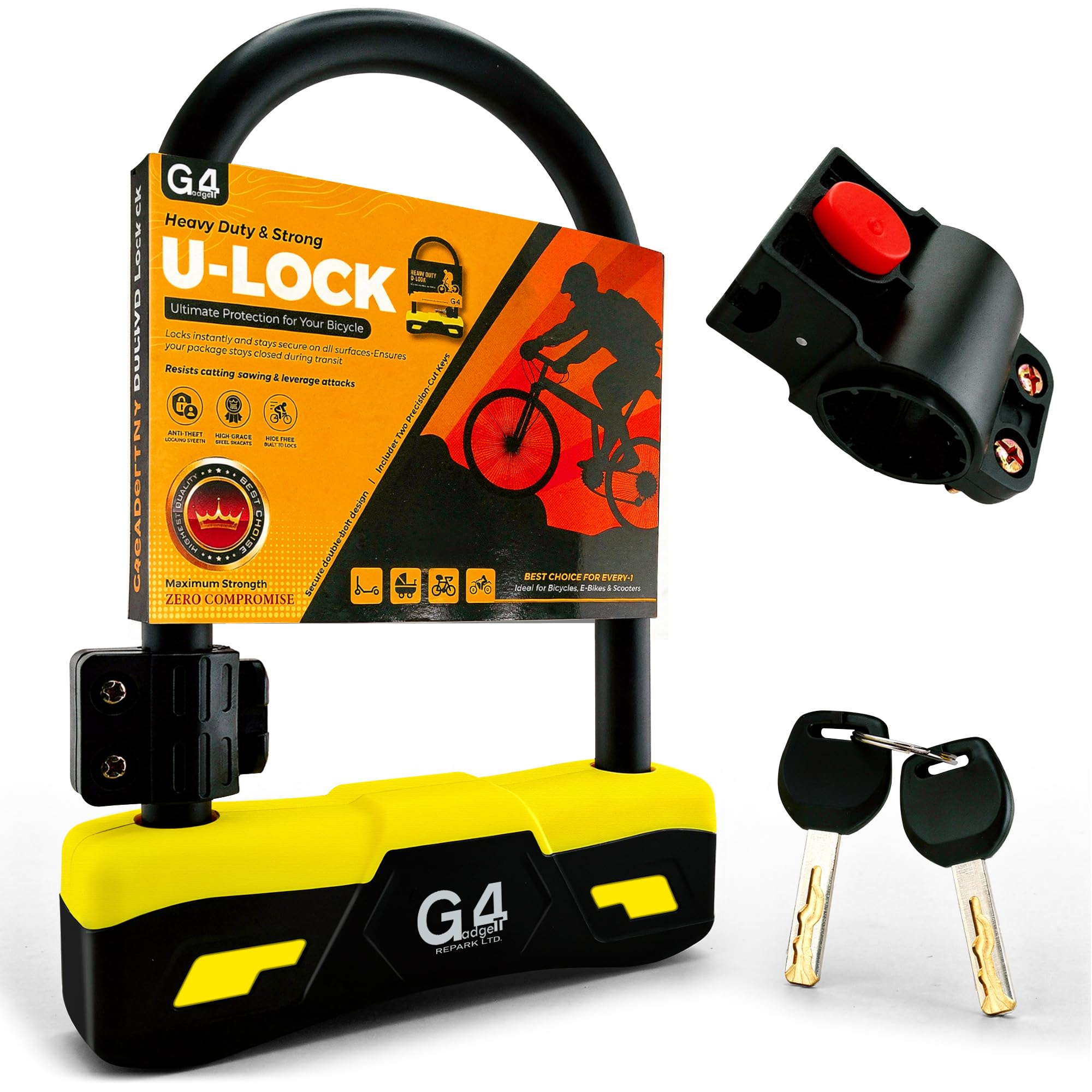G4GADGET Heavy Duty D Lock for Bike – High-Security Bicycle U Lock with 2 Keys, Anti-Theft Steel Shackle, Weatherproof & Durable – Ideal for Road, Mountain, Electric & Folding Bikes