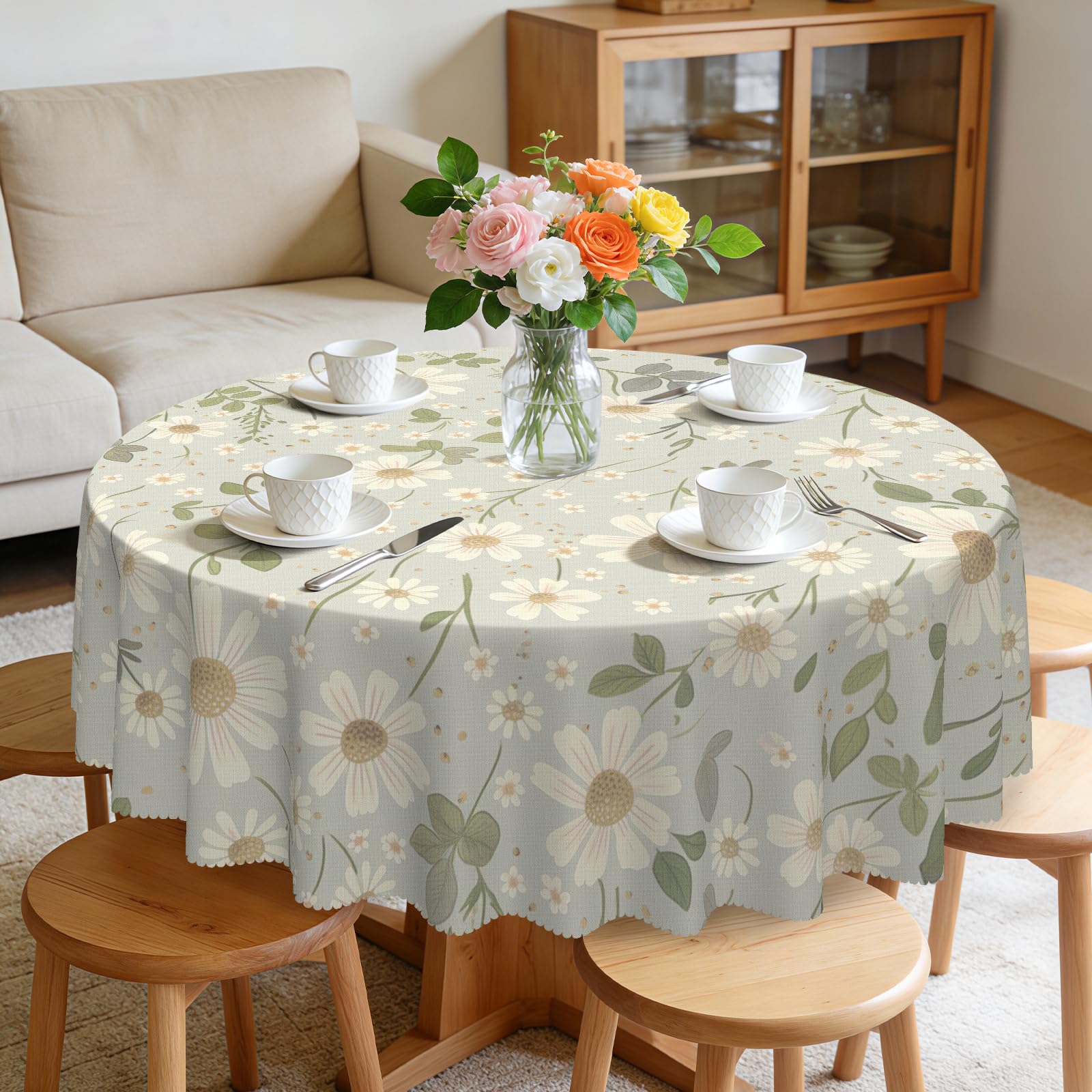 Eikione Round Tablecloth 70inch, White Daisy Tablecloth Waterproof and Wrinkle-Free, Table Covers, Summer Decorations for Home Dining