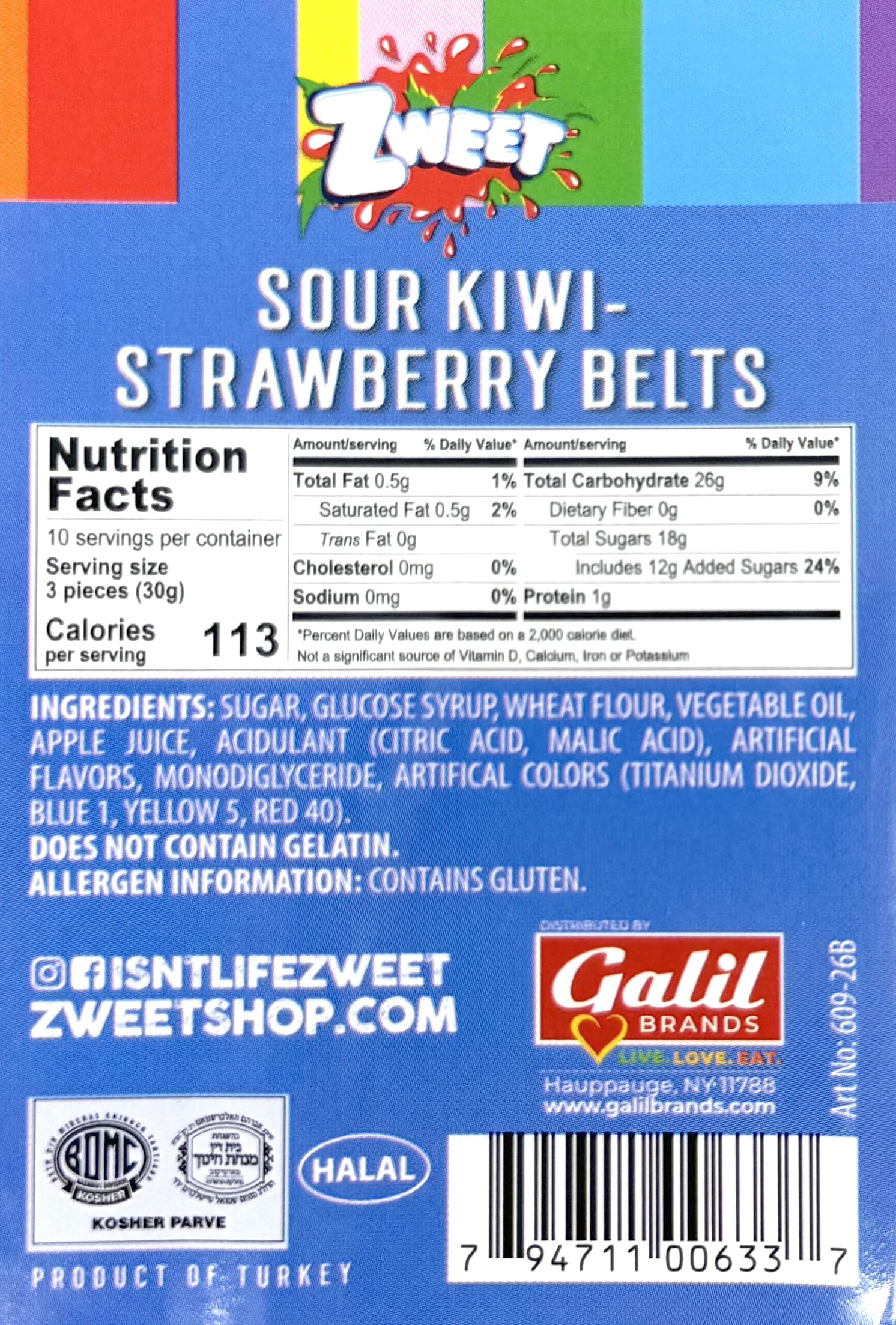 Amazon.com: Zweet Sour Kiwi Berry Belts 10 Ounce – Sour Kosher