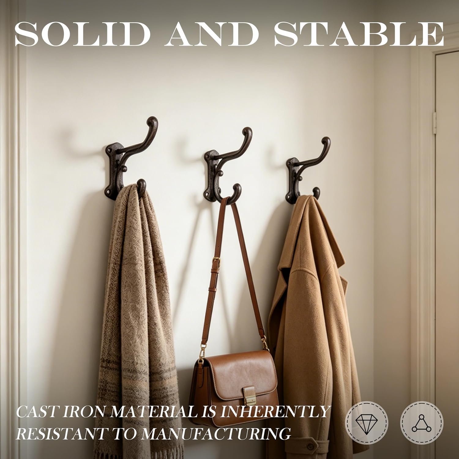 3 Pack Cast Iron Double Wall Mount Coat Hooks, Heavy Duty Vintage Rustic Decorative Weatherproof Hooks, Dark Brown Farmhouse Towel Hat Bag Hanging Hooks for Entryway Bathroom