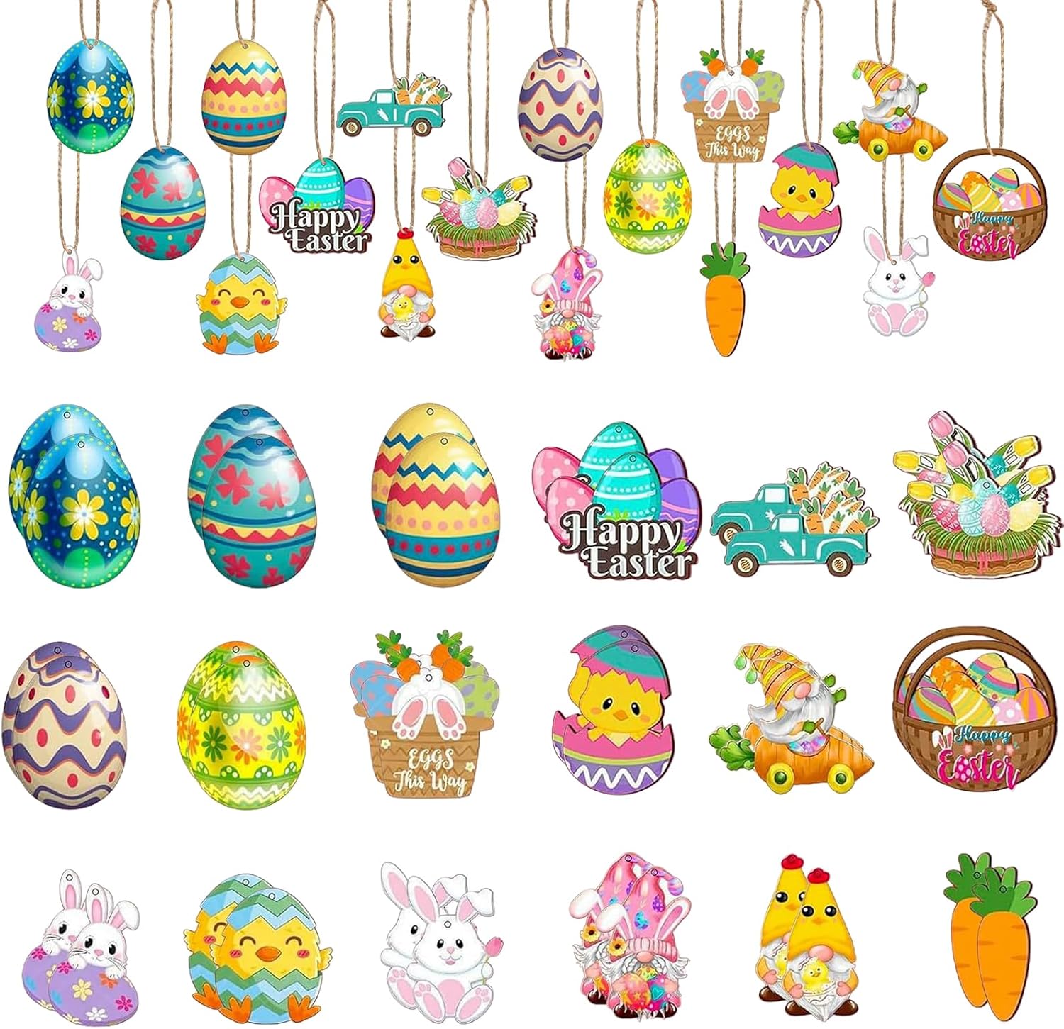 24 Pieces Easter Floral Eggs Hanging Ornaments for Trees - Bunny Chick Wooden Signs Eggs Hunt Wood Cutout for Easter Party Decorations