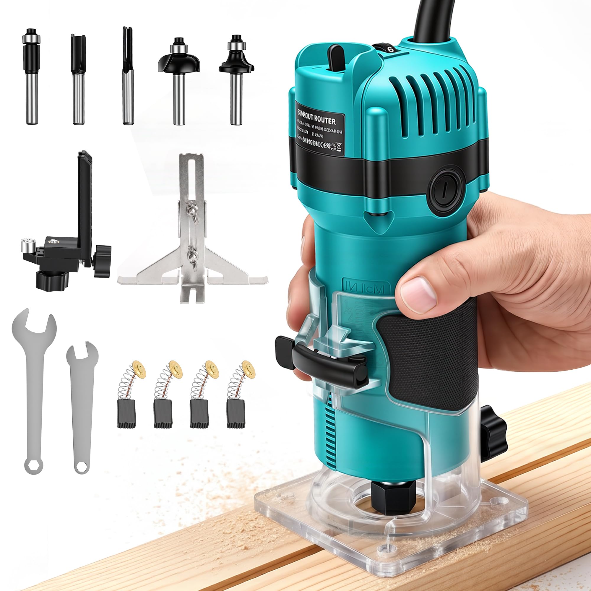 YEARTOP Fresa per bordi in legno, 800 W, 6 livelli, con 5 frese da 1/4" | 12.000-31.000 giri/min, 220-240 V, fresa monomano con arresto parallelo, per taglio del legno e scanalature fai da te