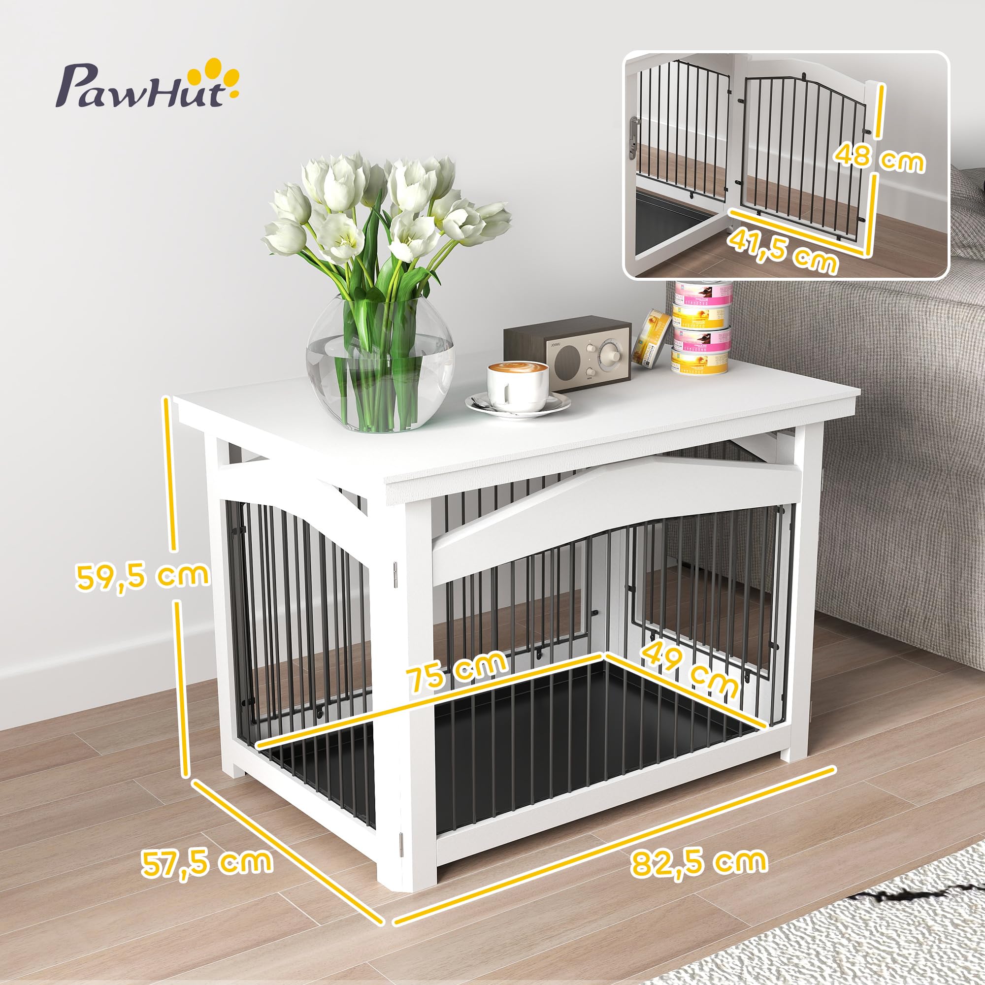 PawHut Jaula para Perros Medianos 3 en 1 Mesa Auxiliar Barrera para Perros con Puerta con Pestillo Tapa Superior Desmontable y Bandeja Extraíble 82,5x57,5x59,5 cm Blanco