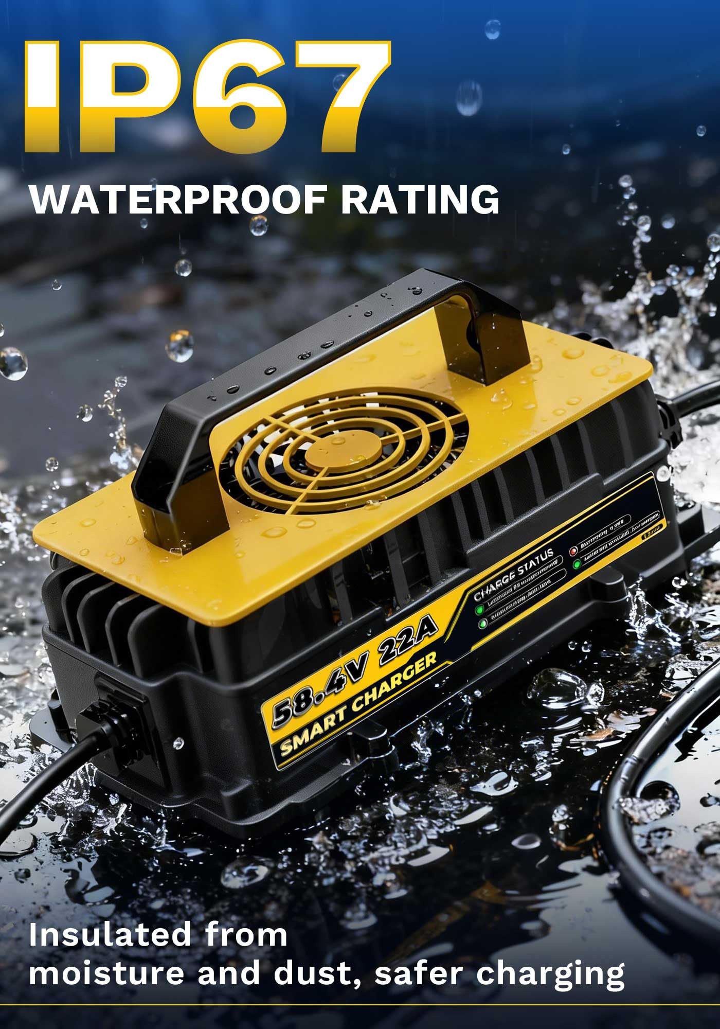 Caricabatterie Litio 58,4V 22A per Batterie LiFePO4 da 48V/51,2V, Impermeabile IP67 con Ventola di Raffreddamento, Adatto per Golf Cart, Barca, Camper, Solare
