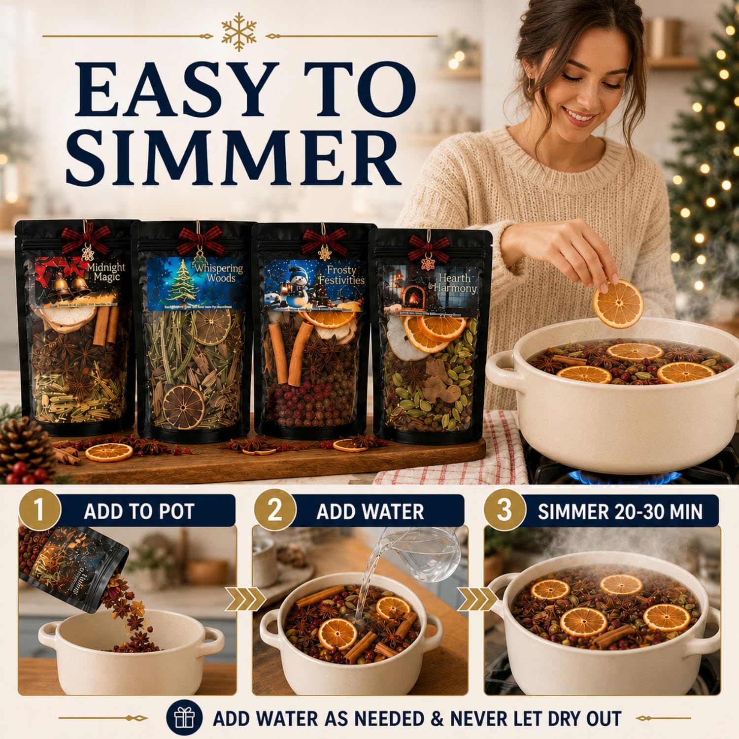 8 Pack Christmas Potpourri Simmer Kit with Buffalo Plaid Bow, Charm