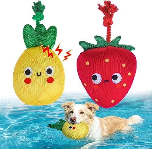 BEAUTYZOO Floating Dog Water Pool Toys 2 Pack - Squeaky Strawberry & Pineapple Design Pool Toys for Medium/Large Dogs, Dock Diving & Fetch Training, Durable Summer Water Dog Toy