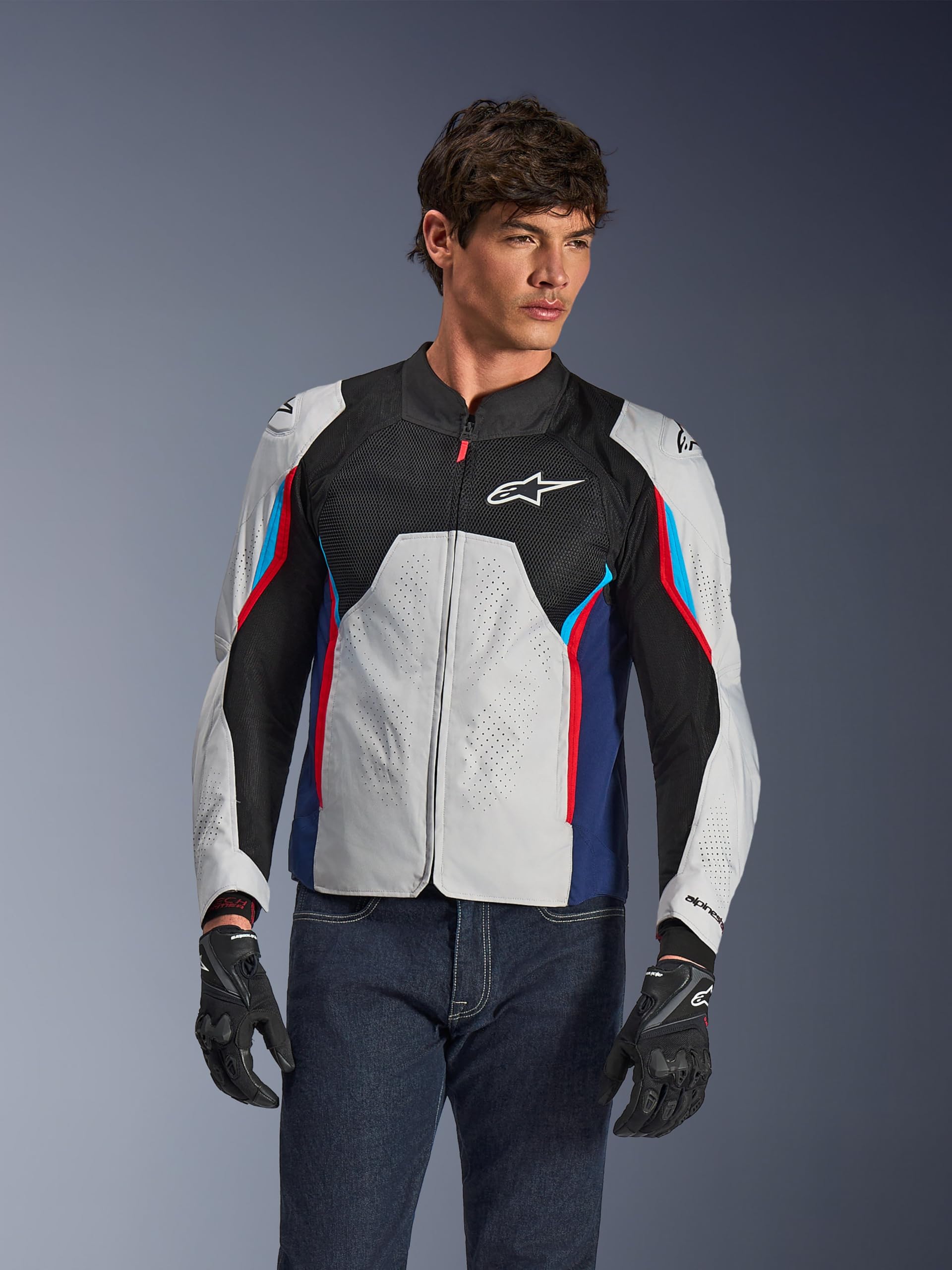 Alpinestars AST V3 Air Giacca tessile da motocicletta perforata, grigio/blu/rosso, L