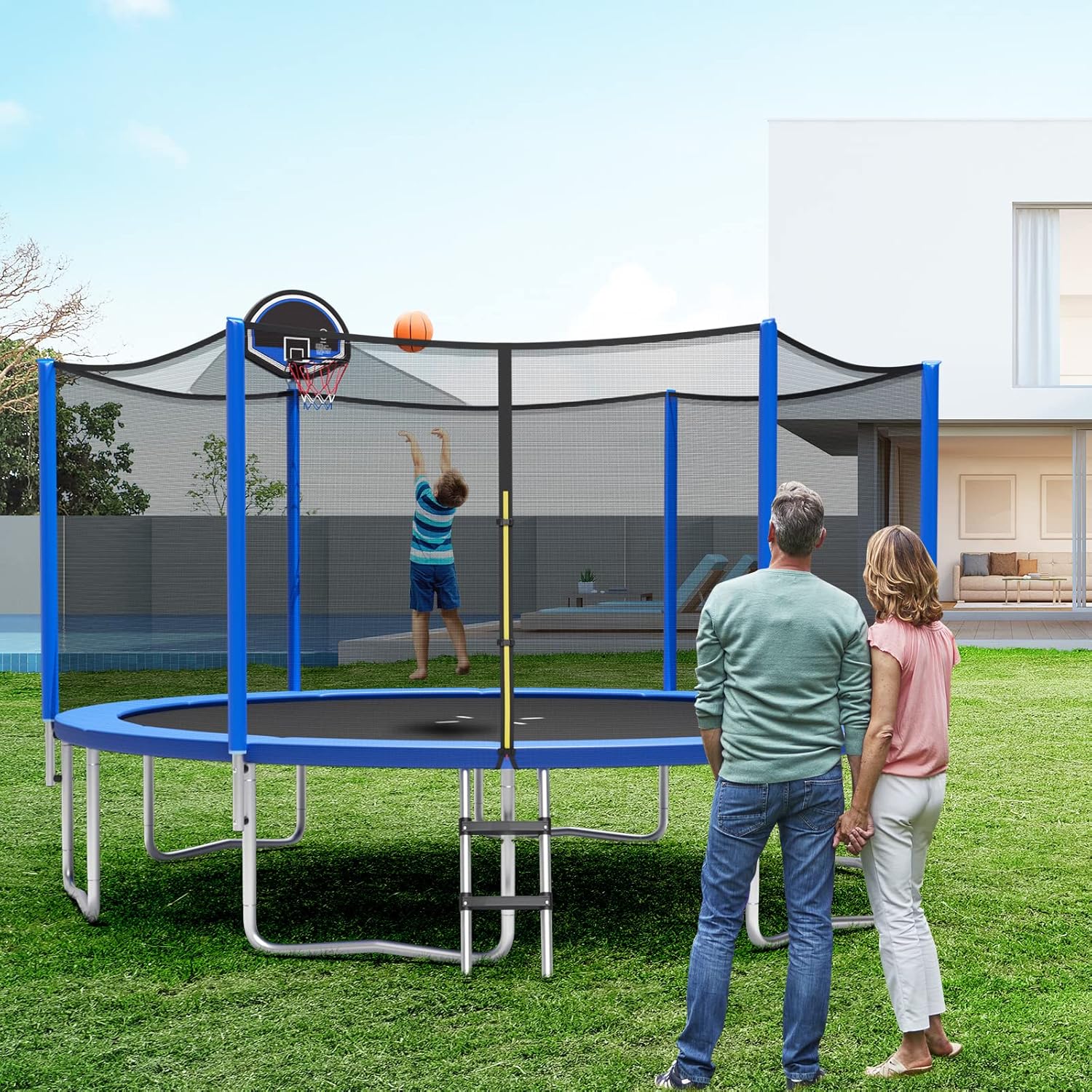 GYMAX Trampoline for Kids, ASTM Approved 12FT 14FT 15FT 16FT Recreational Toddler Trampoline with Enclosure Net, Basketball Hoop, Basketball & Pump, Rebounder for Adults