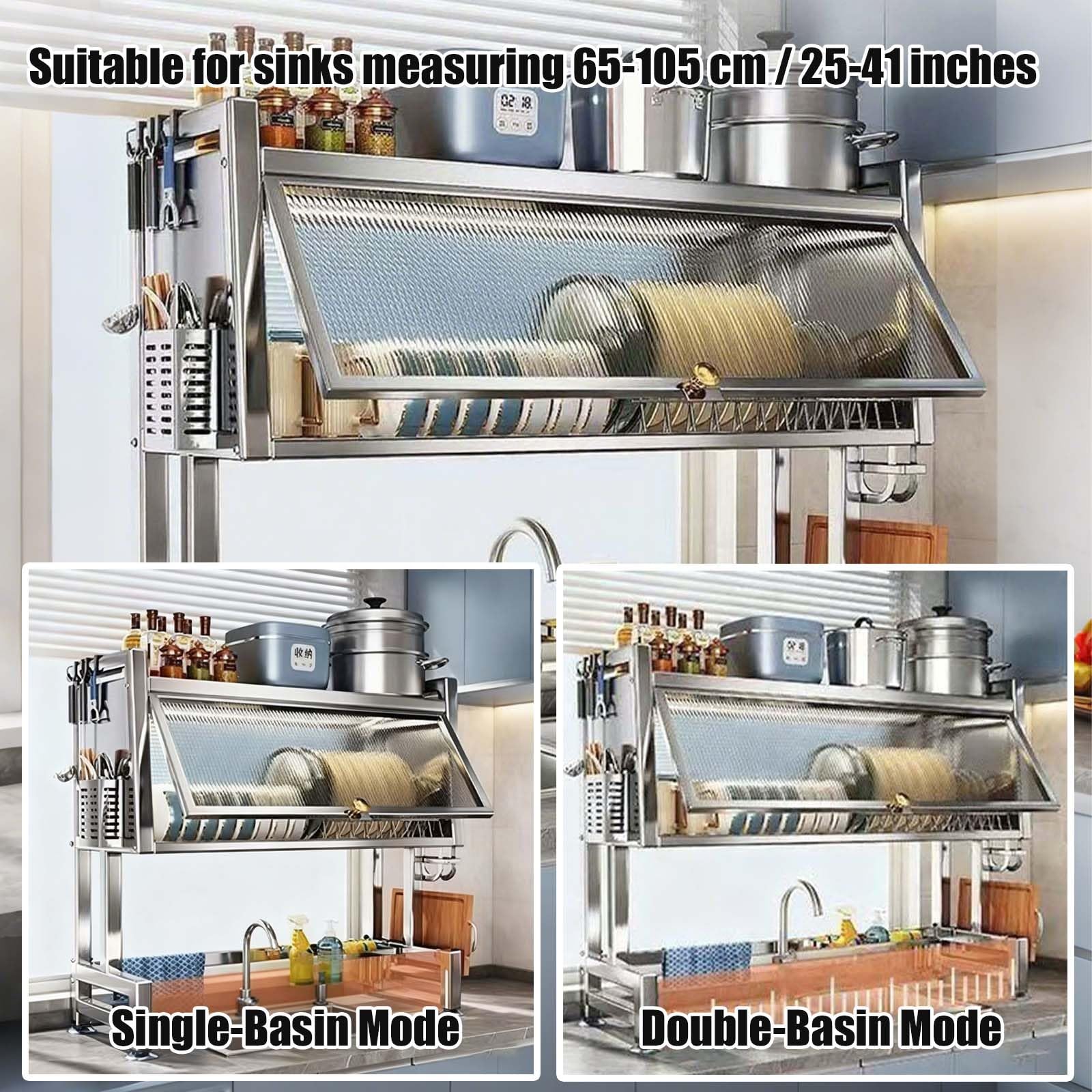 Scolapiatti salvaspazio con sportello a Cerniera, Realizzato in Acciaio Inox 304, Estensibile, per lavelli da Cucina (85 cm / 33,4 Pollici).