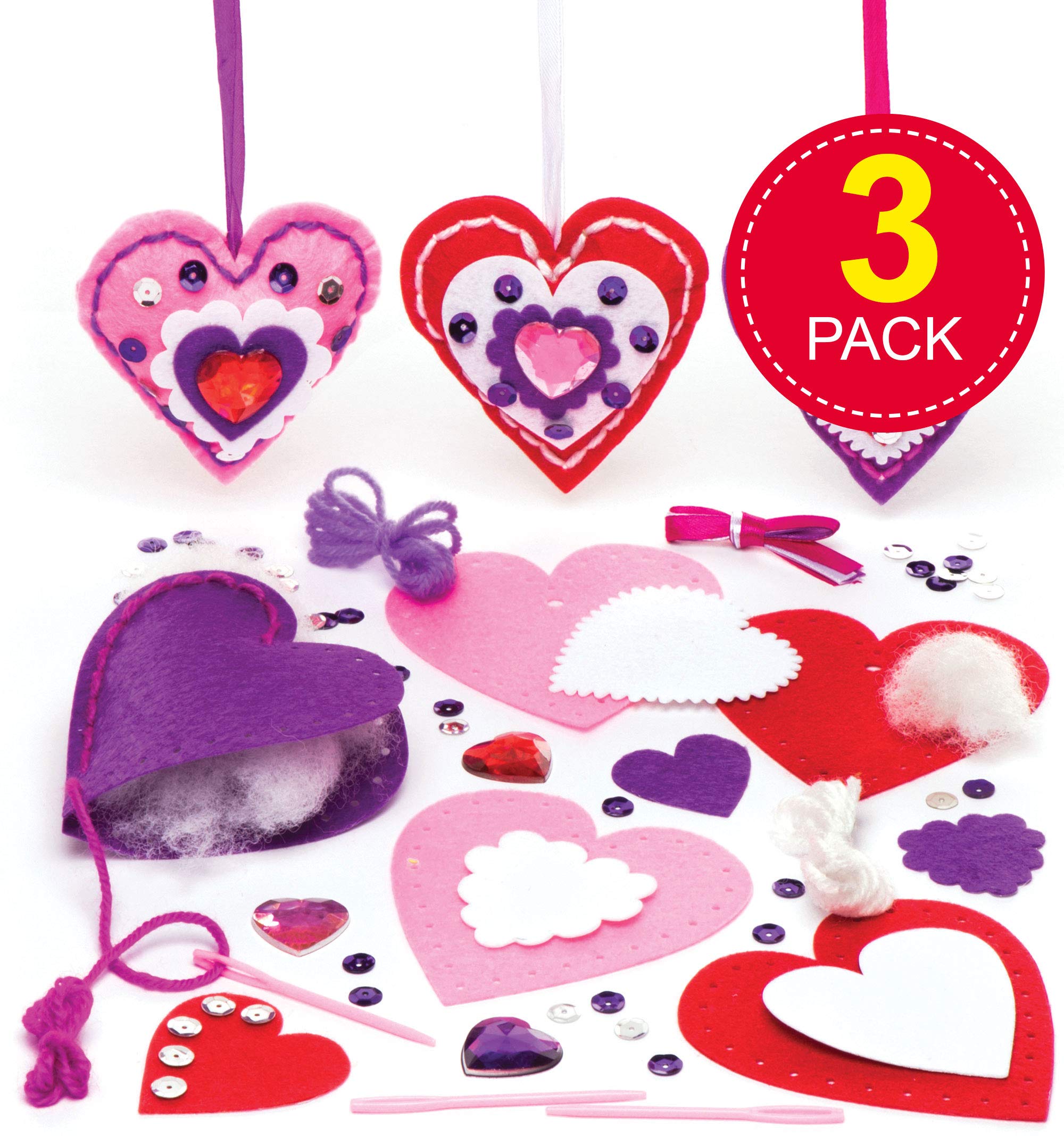 Baker Ross Heart Decoration Sewing Kits (Pack of 3) for Kids to Make Display or Gift For Mothers Day/Valentines Day Assorted AW102