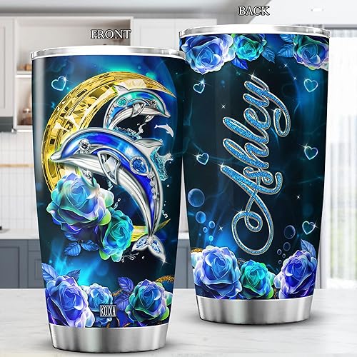 Miniatura 2 de Vaso personalizado lindo delfín regalo para niñas, luna, flor, delfines, mar, océano, animal taza de café con tapa, taza de viaje aislada de acero