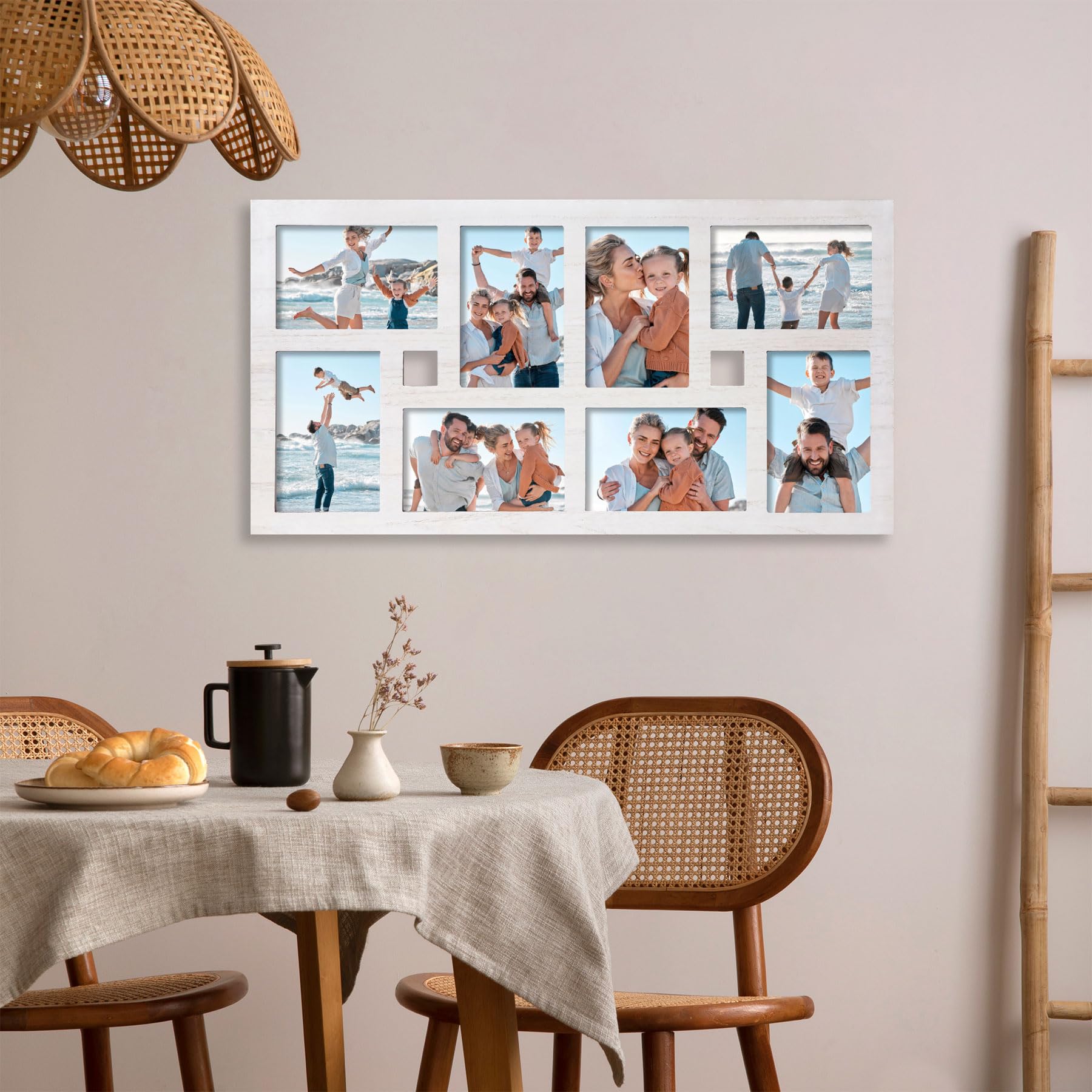 8-opening collage picture frame wall decor - white multi photo frame for 4x6 pictures, holds 8 photos total, rustic hanging wall art for living room, bedroom, or hallway - 22.63 x 11.81 inch