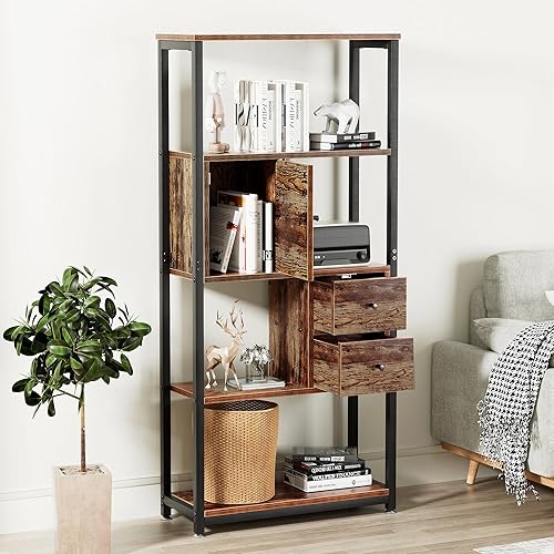 Miniatura 5 de VECELO Estantería de 5 niveles, estantería con cajones y gabinete, 62 x 31 x 12 pulgadas, estantes de madera con marco de metal, estante de