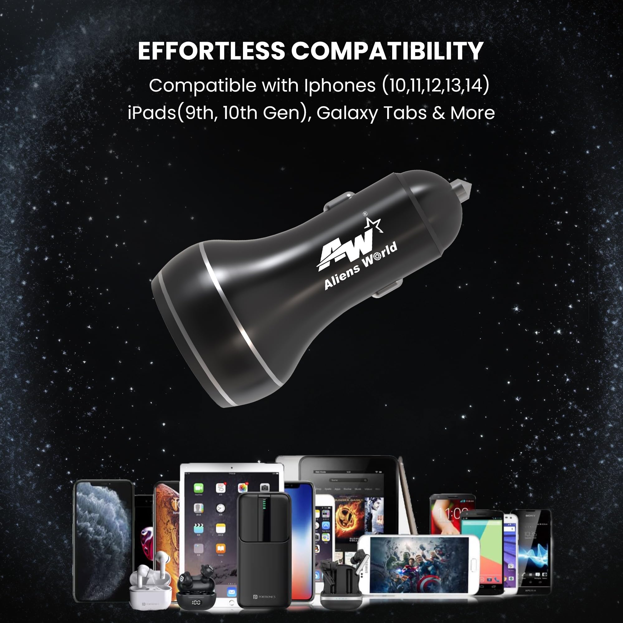aliens world 4.8A 24W PD+USB Fast Car Charger with Dual Output,24 Watts Total, Fast Charging, Adapter for iPhone & Android Smartphones and Tablets with 3 in 1 USB Data Cable 1.2(m) (Black) 1