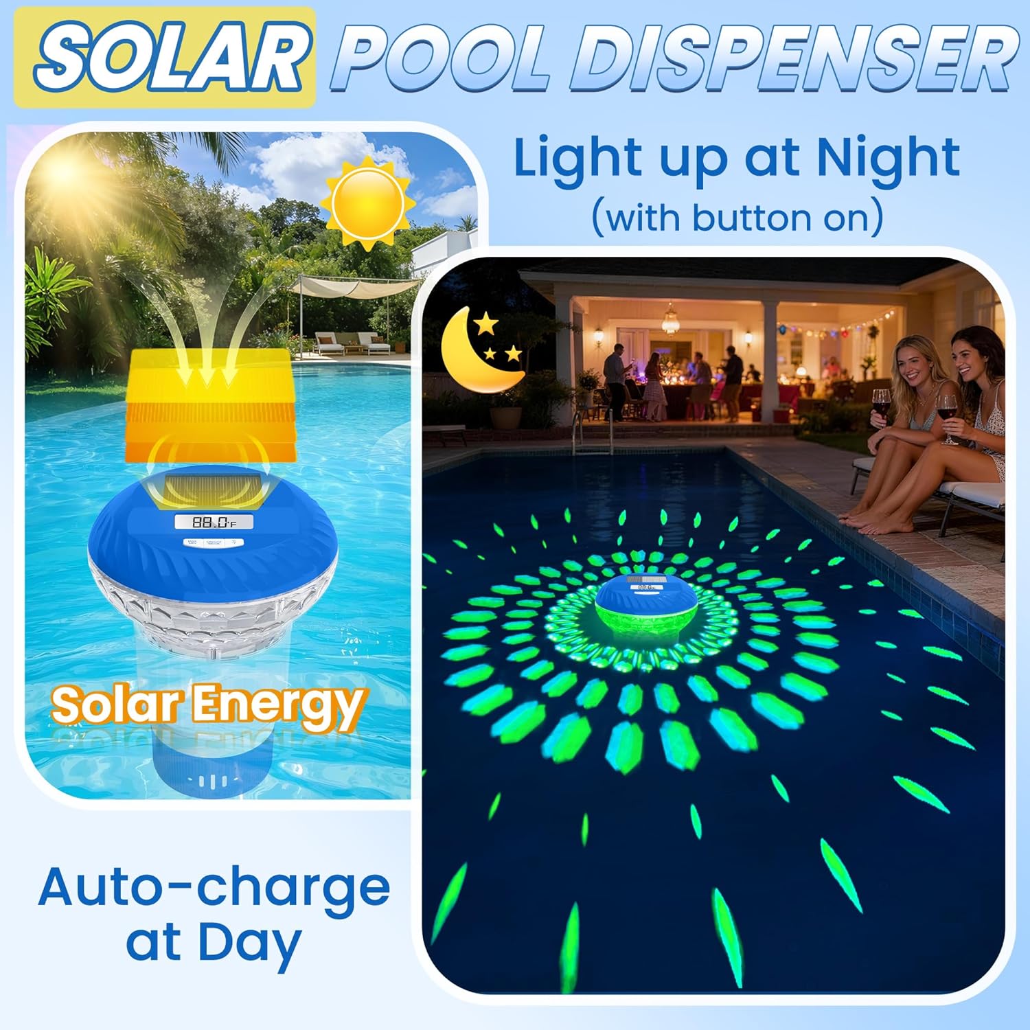 2026 Upgraded Pool Chlorine Floater with Thermometer, Digital Screen Pool Chlorine Floater,Solar Pool Chlorine Floaters with Light, Button Control Floating Chlorine Dispenser for Pool (Blue)