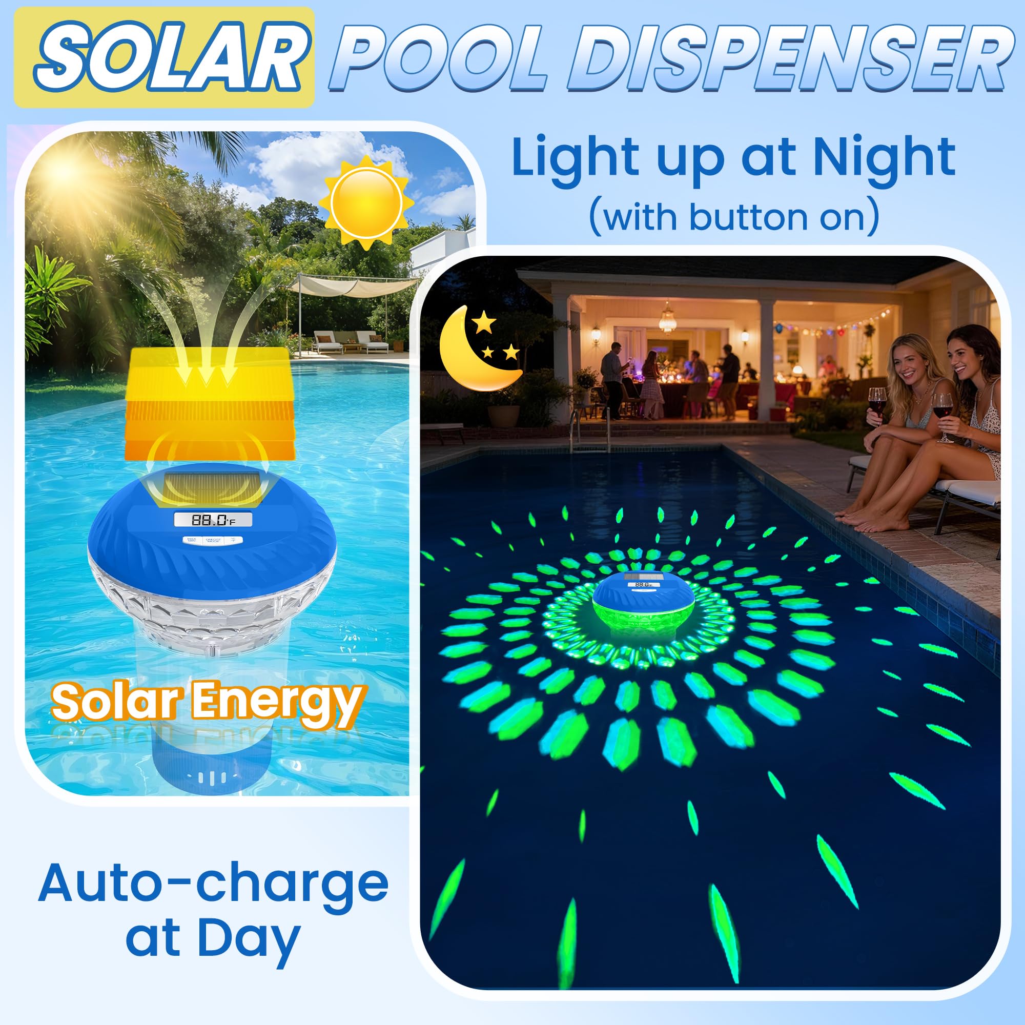 Flotteur de chlore de piscine amélioré avec thermomètre, flotteur de chlore de piscine à écran numérique, flotteur solaire de chlore avec lumière, bouton de contrôle du distributeur de chlore