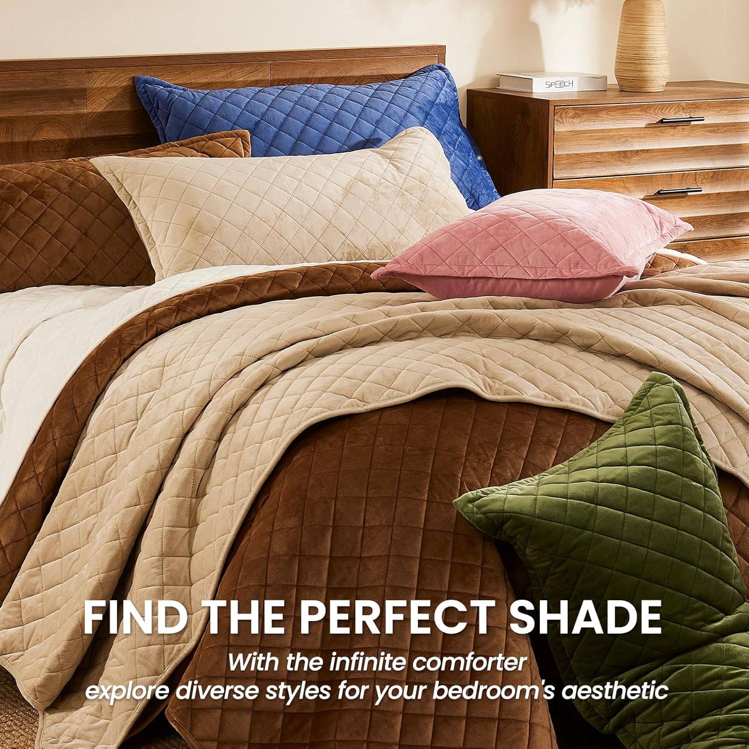 L'AGRATY Velvet Quilt Queen Size: 3-Piece Reversible Luxury Velvet Bedding Comforter Set - Lightweight Oversized Quilted Bedspread Coverlet with 2 Pillow Sham for All Season - Olive Green Quilt - Image 8