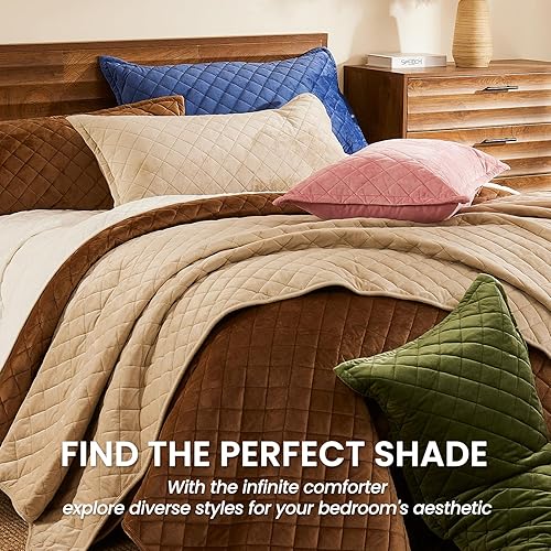 Miniatura 8 de L'AGRATY Edredón de terciopelo tamaño Queen Juego de edredón reversible de terciopelo de lujo de 3 piezas, colcha acolchada ligera de gran tamaño