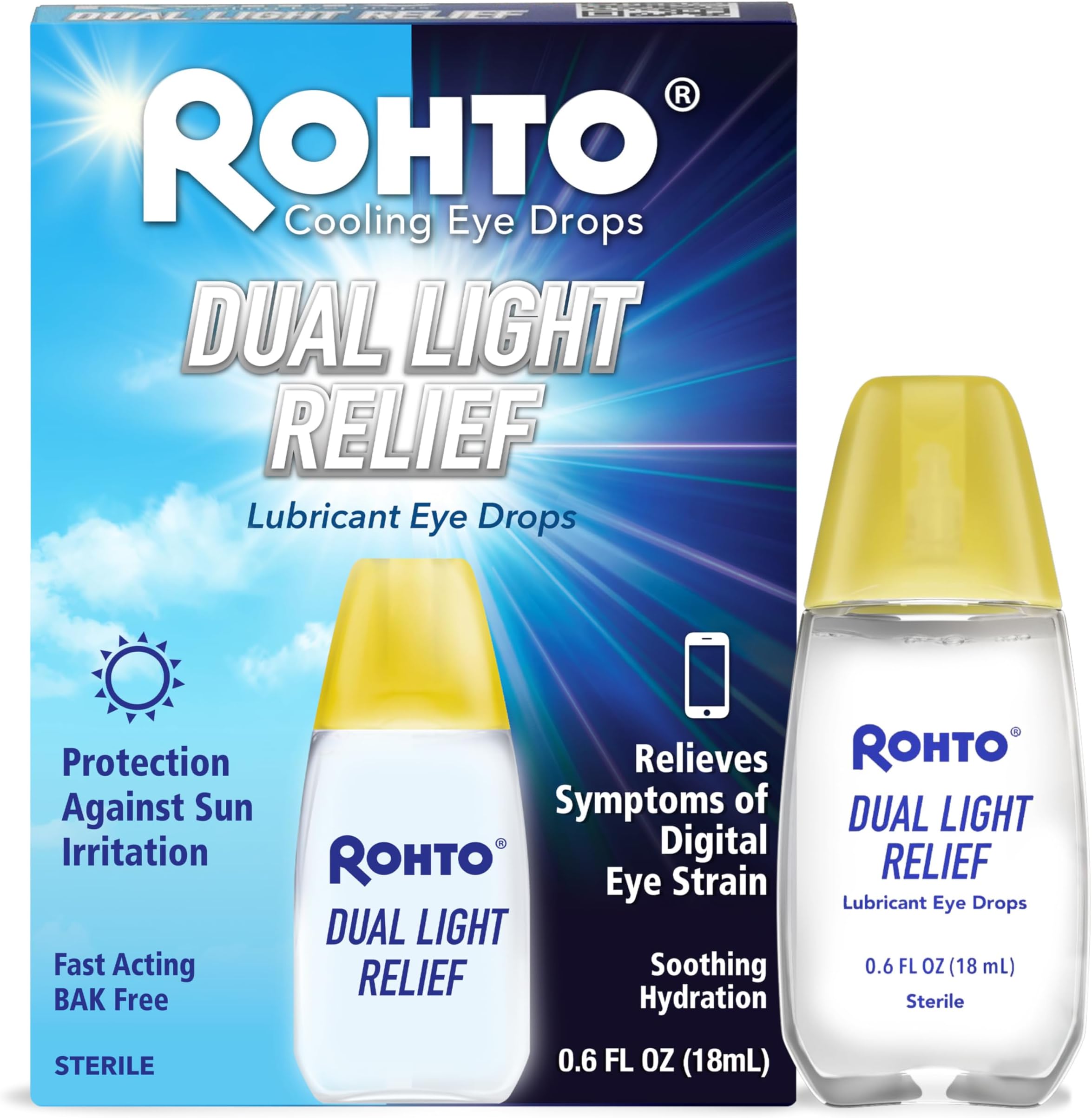 Rohto Dual Light Relief Cooling Lubricant Eye Drops, Protect Against Sun Irritation & Digital Eye Strain, Fast-Acting Relief of Dry Eyes, Irritation, Grittiness, Burning & Stinging, 0.6 fl oz