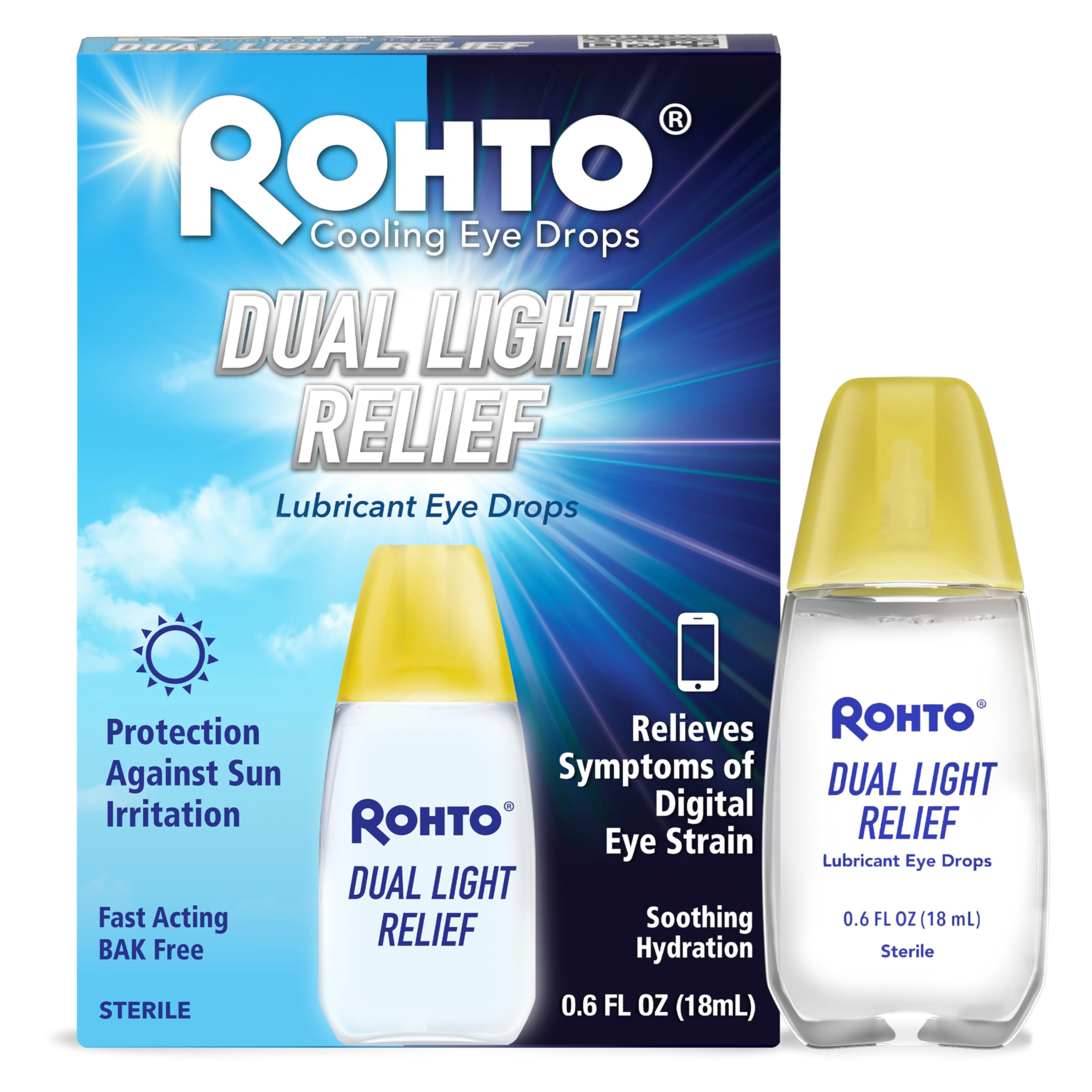 Dual Light Relief Cooling Lubricant Eye Drops, Protect Against Sun Irritation & Digital Eye Strain, Fast-Acting Relief of Dry Eyes, Irritation, Grittiness, Burning & Stinging, 0.6 fl oz