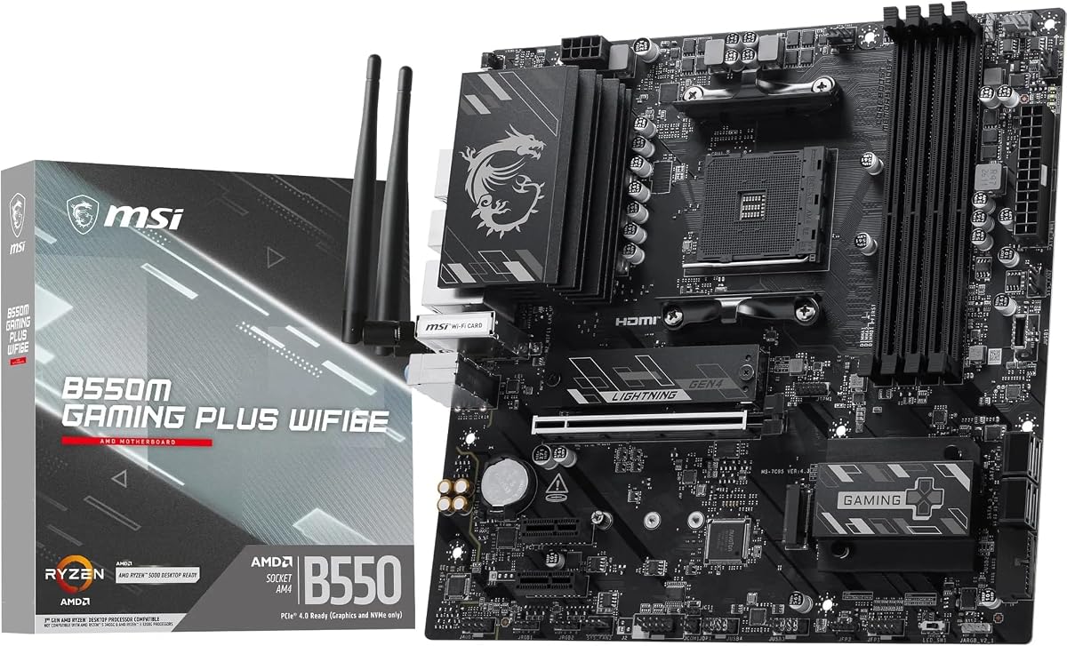 MSI B550M Gaming Plus WIFI6E Motherboard, mATX-Supports AMD Ryzen 5000 Series,5000 G-Series 4000 G-Series,and 3000 Series Processors, AM4-DDR4 Memory Boost 4400+MHz/OC, PCIe 4.0 x16, M.2 Gen4, 1G LAN