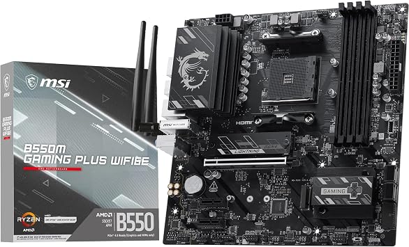 MSI B550M Gaming Plus WIFI6E Motherboard, mATX-Supports AMD Ryzen 5000 Series,5000 G-Series 4000 G-Series,and 3000 Series Processors, AM4-DDR4 Memory Boost 4400+MHz/OC, PCIe 4.0 x16, M.2 Gen4, 1G LAN