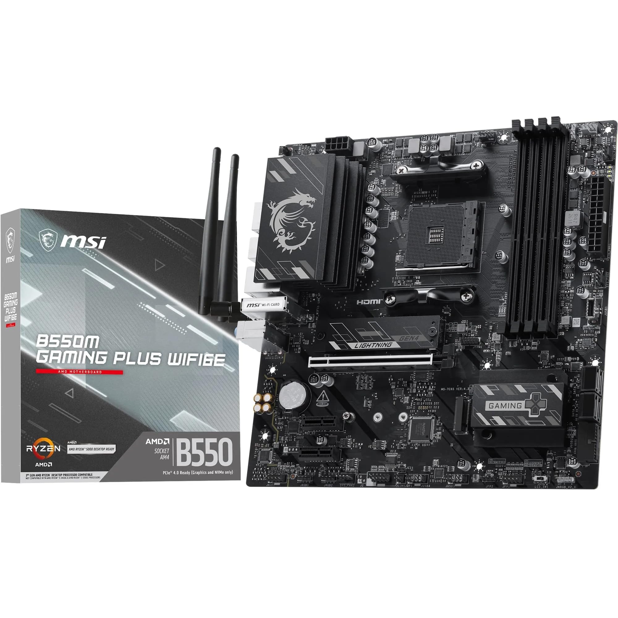 MSI Carte mère B550M Gaming Plus WIFI6E, mATX Prend en Charge Les processeurs AMD Ryzen 5000, 5000 G-Series 4000 G-Series et 3000 Series, AM4-DDR4 Memory Boost 4400 + MHz/OC, PCIe 4.0 x16, M.2 Gen4