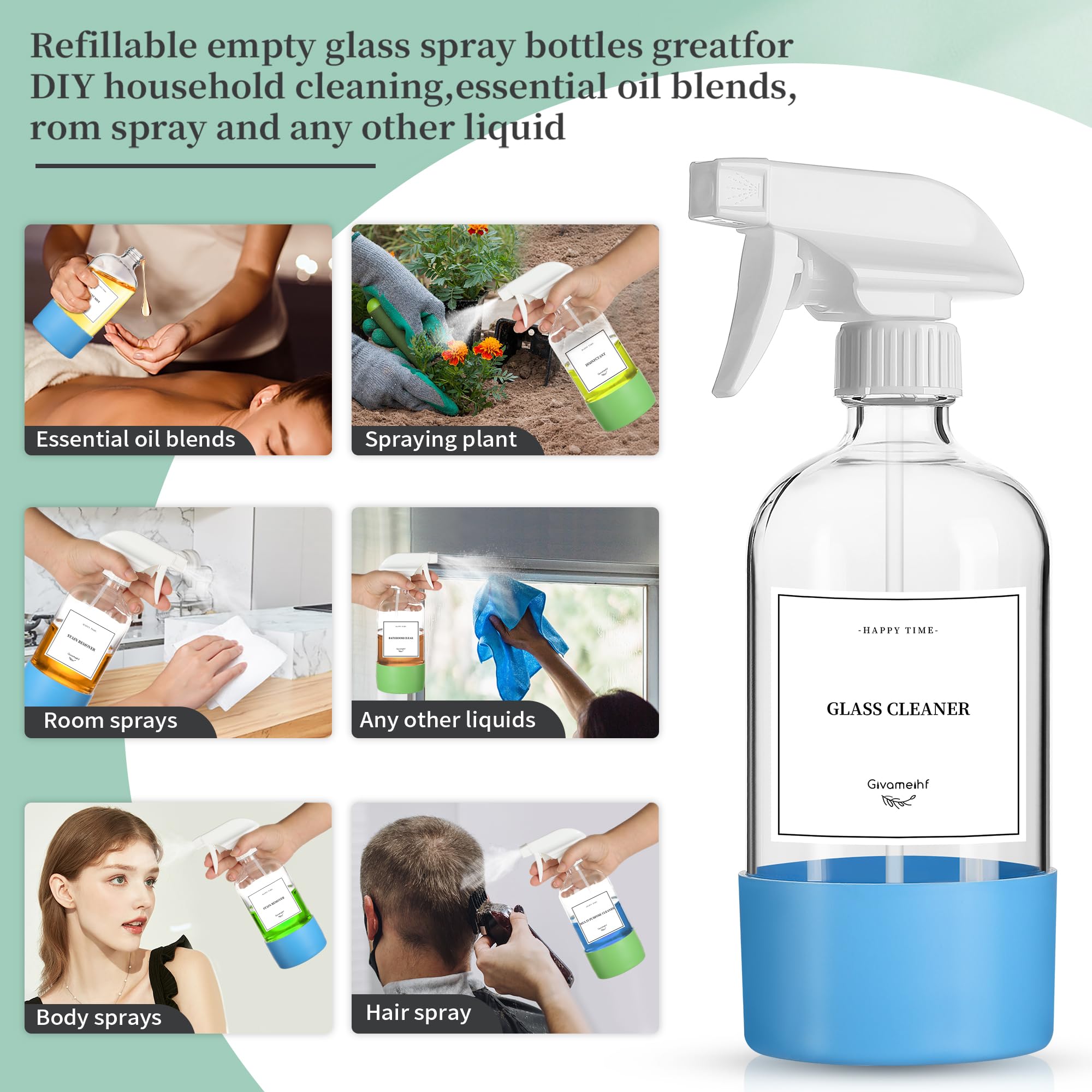GIVAMEIHF Lot de 6 vaporisateurs en verre transparent de 473,6 g - Flacons vaporisateurs vides rechargeables avec buse réglable - Pour huiles essentielles, nettoyage, animaux domestiques, brumisateur