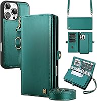 Vista 15 de Funda tipo cartera compatible con iPhone 13 Pro Max, multifunción, desmontable, 2 en 1, magnética, cartera para iPhone 13 Pro Max, con correa Verde