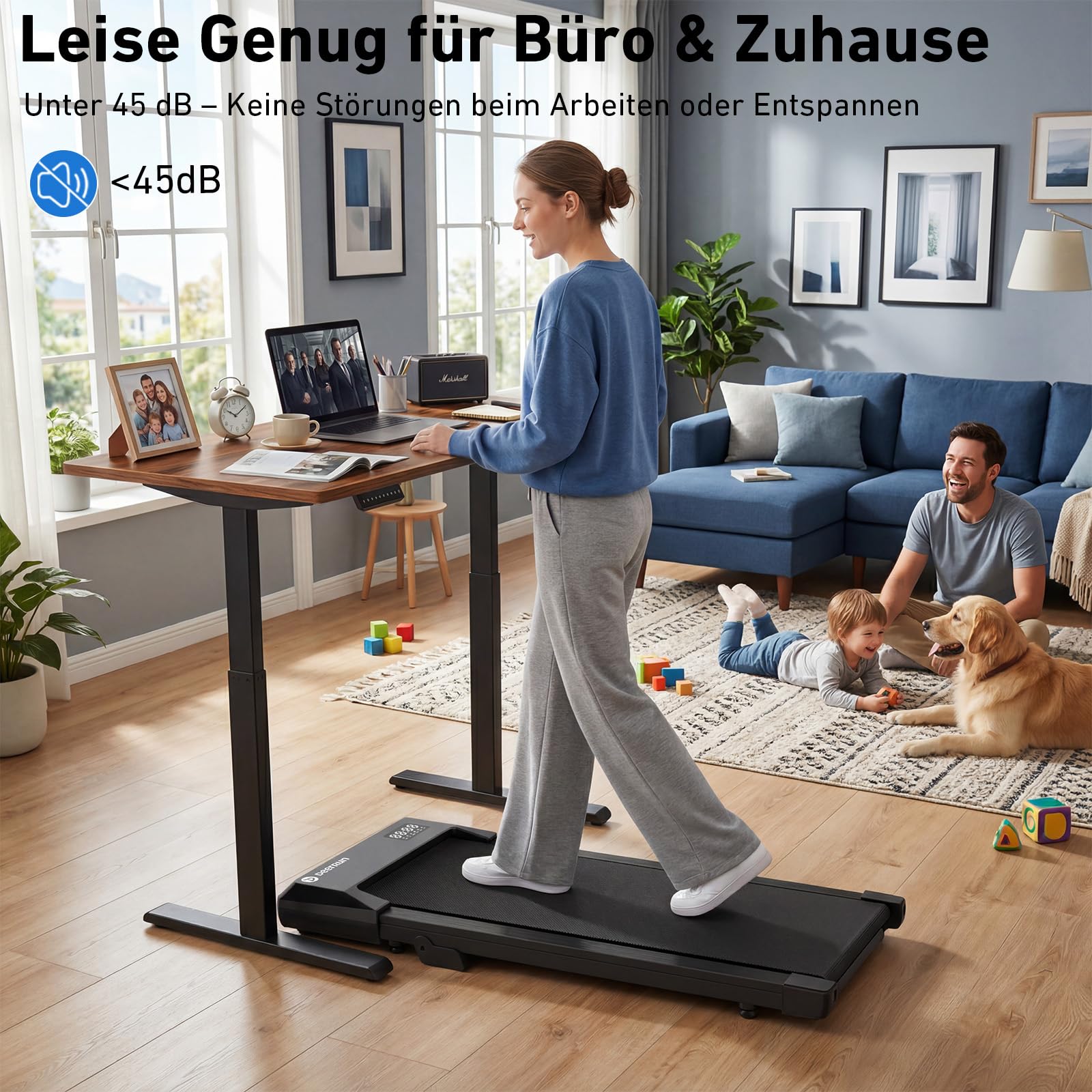 DeerRun Walking Pad mit 6% Steigung, Unter Schreibtisch Laufband für Home Office und Zuhause, Kompaktes Laufband mit App, Fernbedienung und LED-Anzeige, bis 136 kg