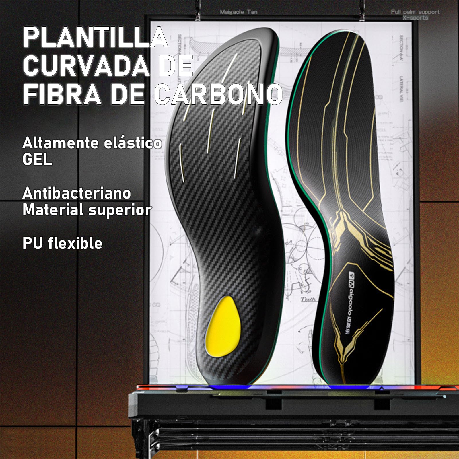 Plantillas de Fibra de Carbono con Soporte para el Arco Plantar para Deporte de Alto Rendimiento – Amortiguación Mejorada, Prevención de Lesiones y Mejora del Rendimiento – Talla EU 39-40