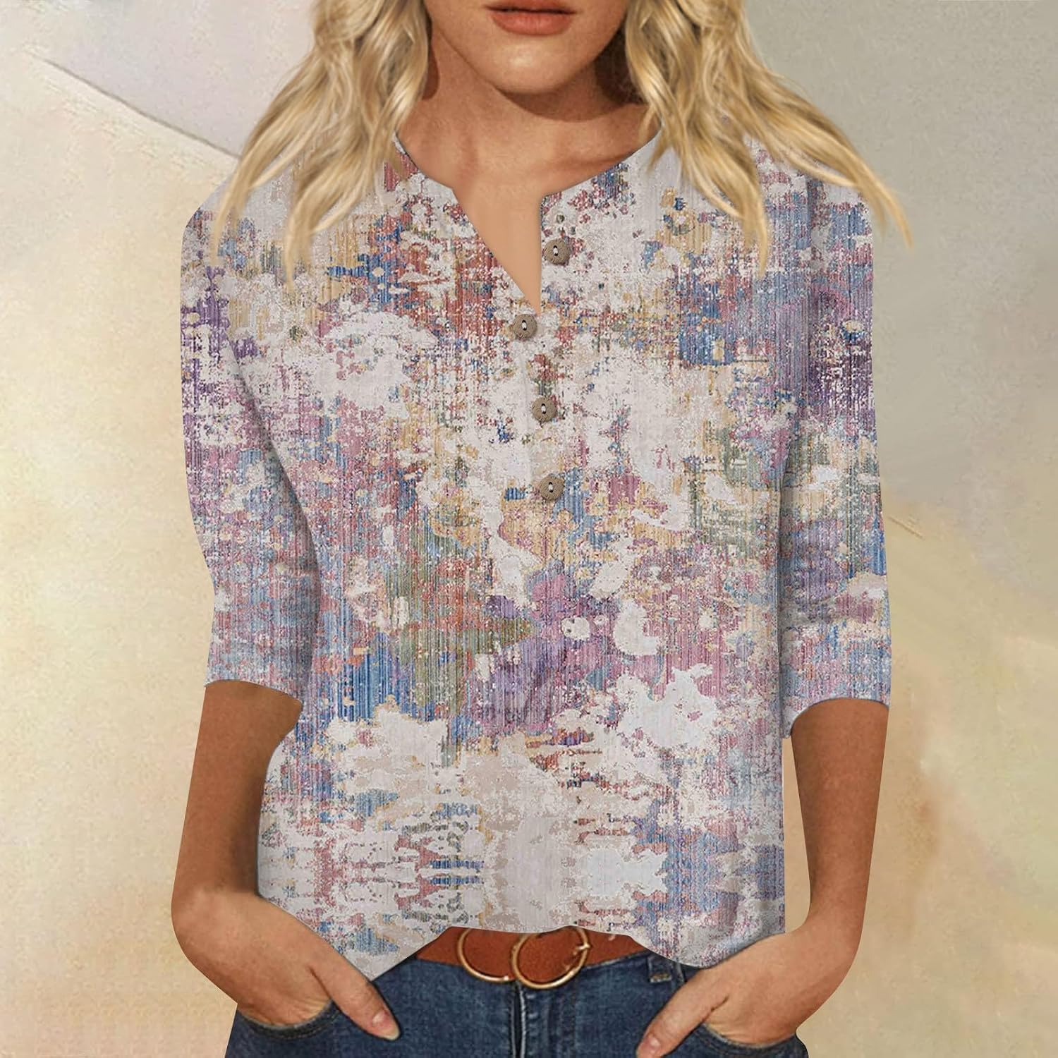 Women's T-Shirts, Casual Summer 3/4 Sleeve Tops Button V Neck Basic Shirts Printed Tees Blouses, S-3XL