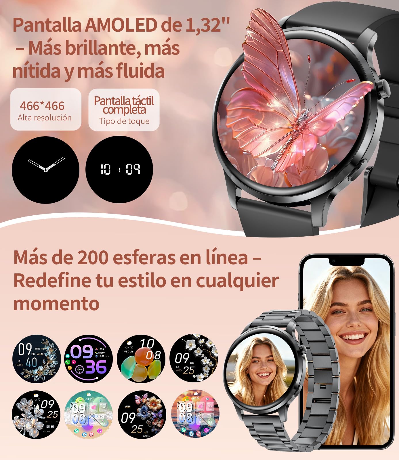 SUNKTA Reloj Inteligente para Mujer 7,9 mm Ultrafino 1,32" AMOLED Llamadas Bluetooth Elegante Smartwatch para Android iOS,Frecuencia cardíaca,Monitor de sueño,Podómetro,Calorías,Negro