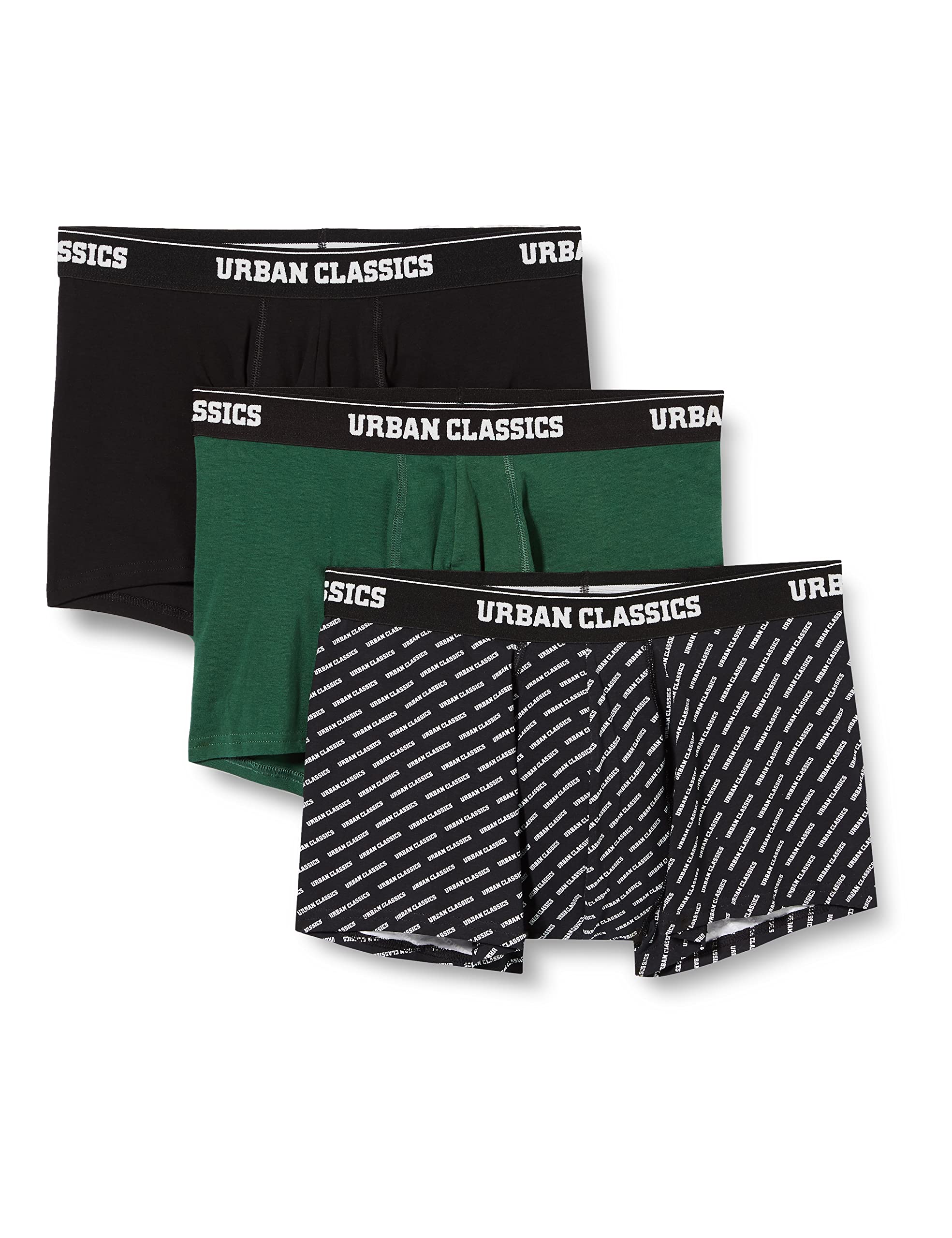 Urban Classics Boxer Uomo, Set da 3 Boxer Uomo in Morbido Cotone, Elastico in Vita, Diversi Set di Colori e Fantasie Disponibili, Taglie S - 5XL M Verde Scuro + Nero + Marchio Aop.