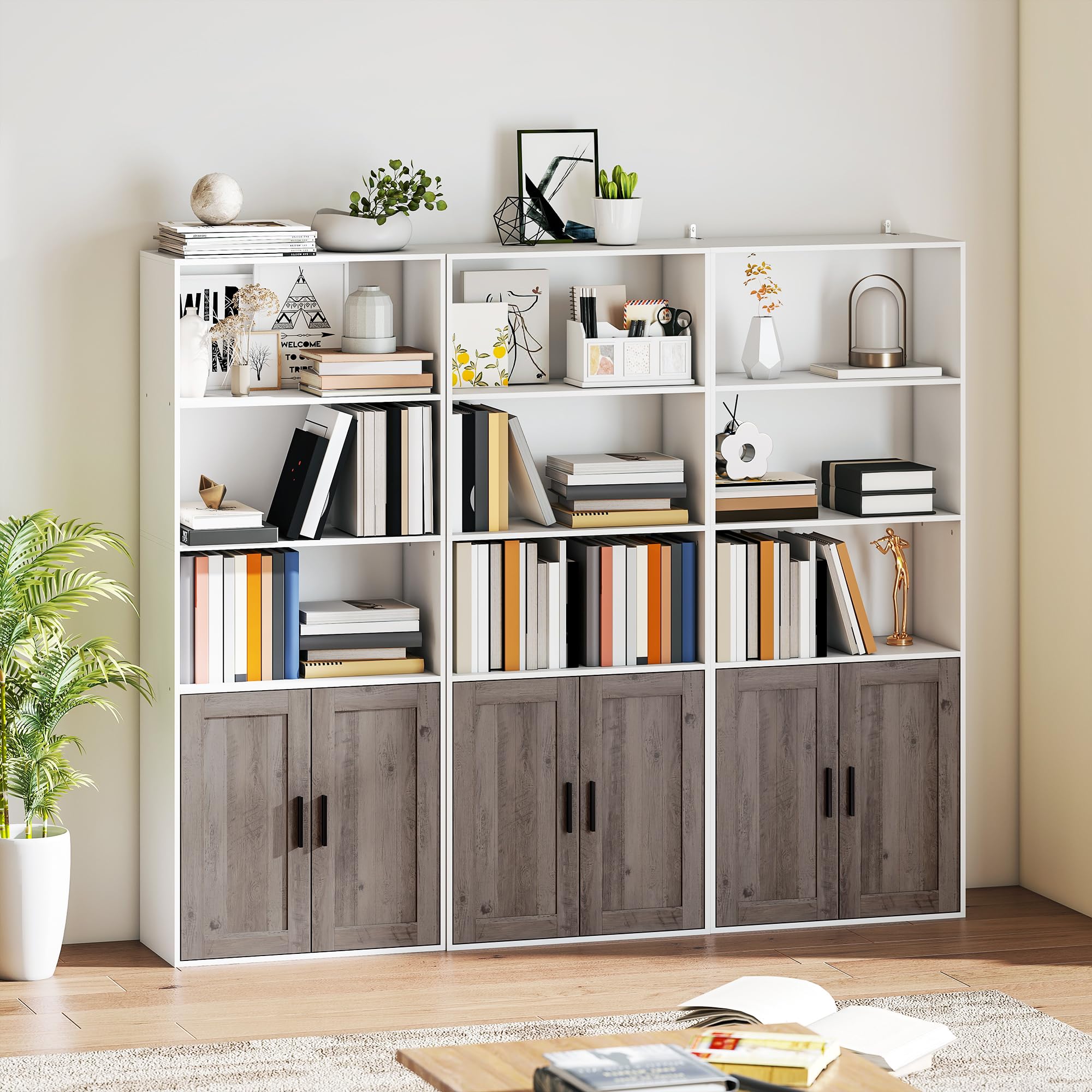 HOMCOM Estantería para Libros Estrecha 60x30x149,5 cm Blanco y Marrón | Librería con Puertas, Estantes Abiertos, Armario con Balda Ajustable, para Salón, Estudio, Oficina