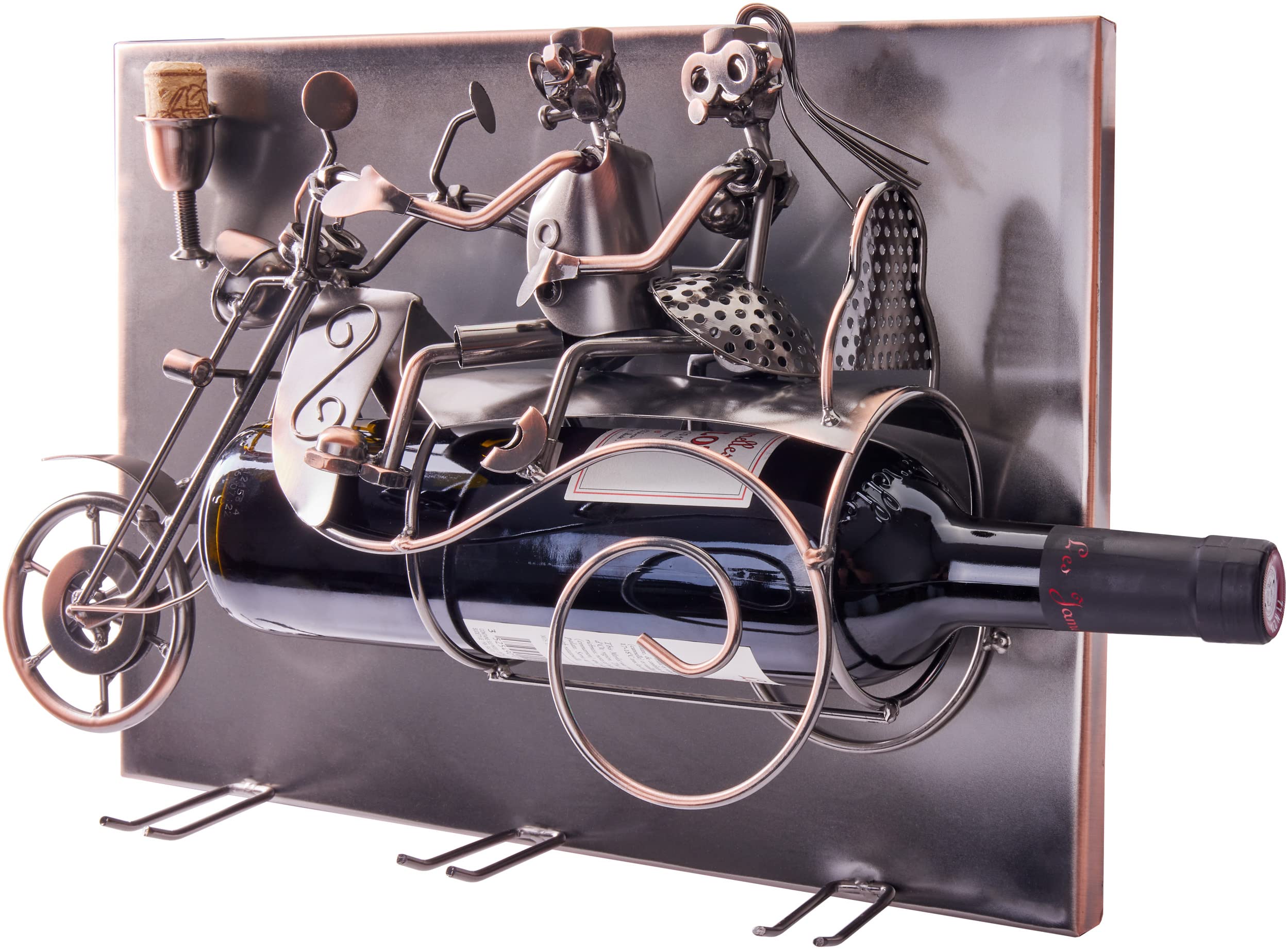 BRUBAKER Weinflaschenhalter Paar auf einem Motorrad - Wall Art Bild Metall - mit 3 Glashaltern - inklusive Grußkarte für Weingeschenk