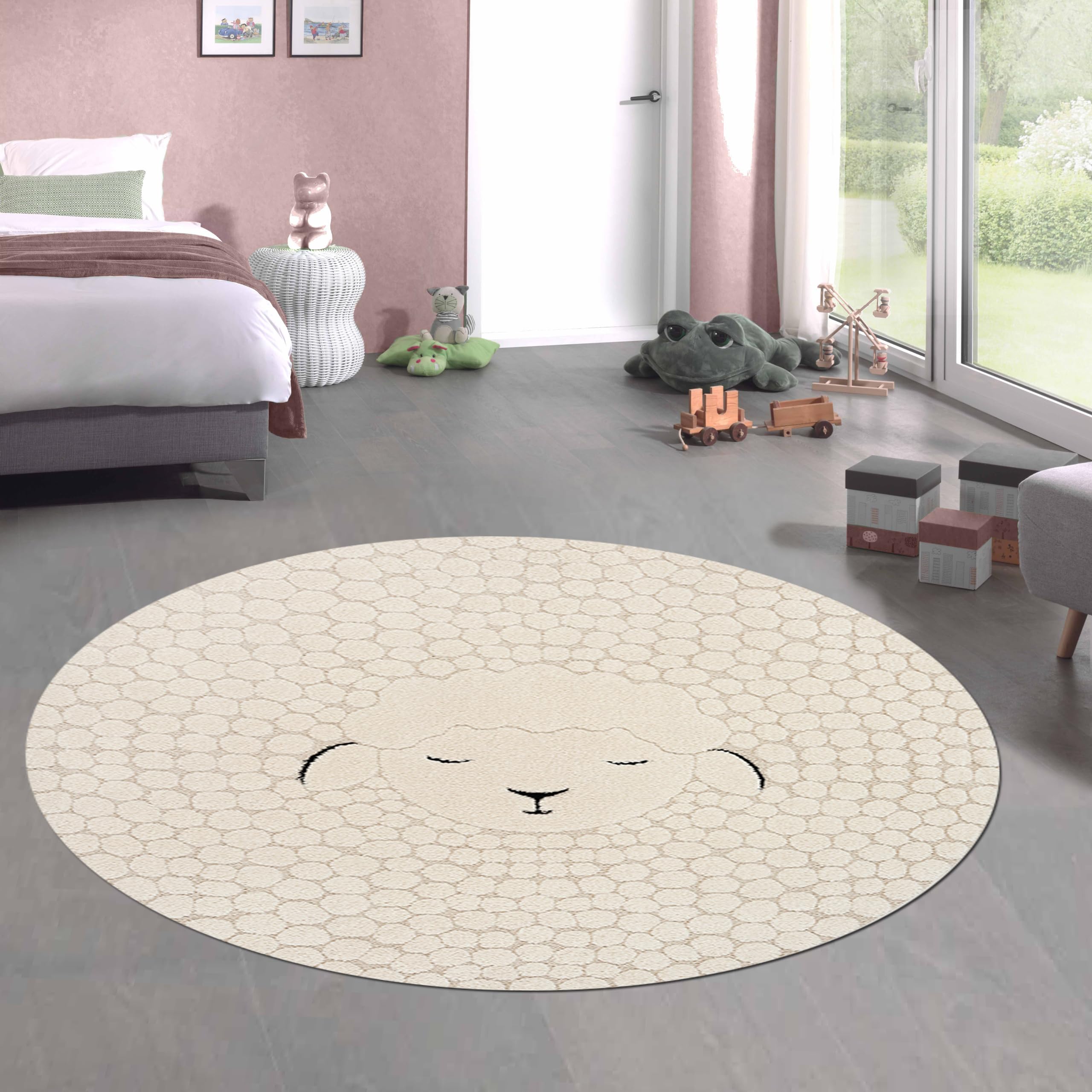CARPETIA Tapis Chambre bébé Enfant Salle de Jeux Motif Mouton Non Toxique Rond en Beige-Marron, 120 cm Rund