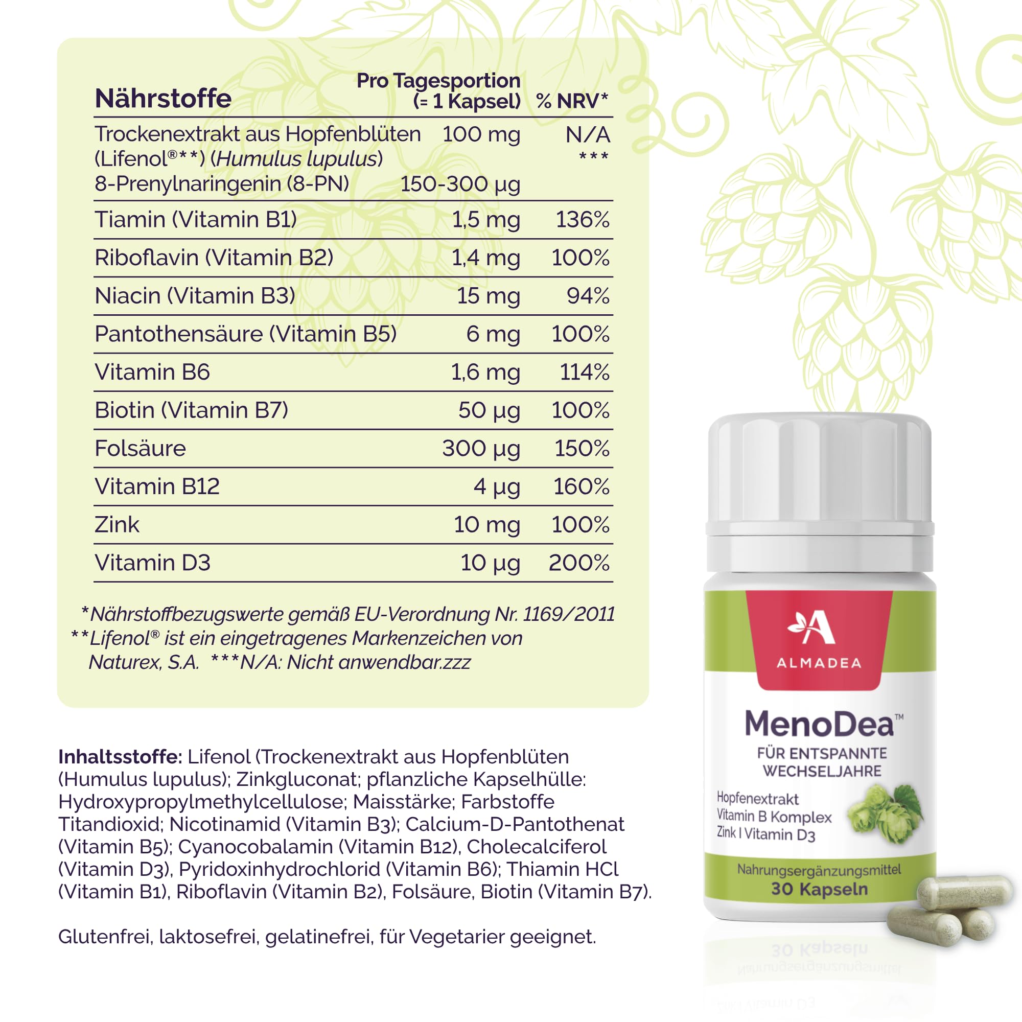 MenoDea – Wechseljahre natürlich unterstützen, Mit Hopfenextrakt (8-Prenylnaringenin), Für mehr Balance bei Hitzewallungen, Schlaf & Stimmung, 100% pflanzlich, 30 Tage Vorrat (1 Packung)