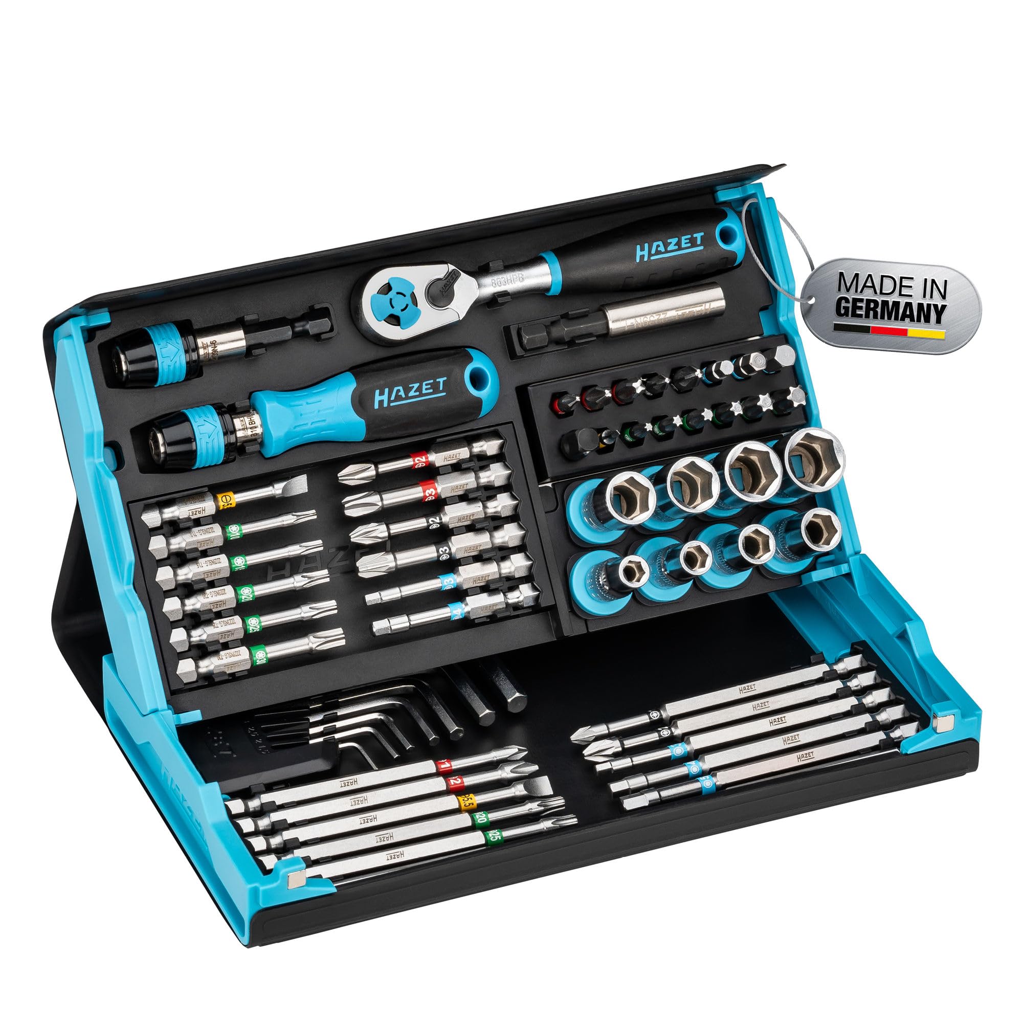 HAZET Smartcase Bit-Satz 2200SC-32 I 59-teilig, Antrieb: Sechskant 6,3 (1/4 Zoll), besonders viele Werkzeuge auf kleinstem Raum für beste Übersicht I klappbarer Werkzeug-Satz Made in Germany