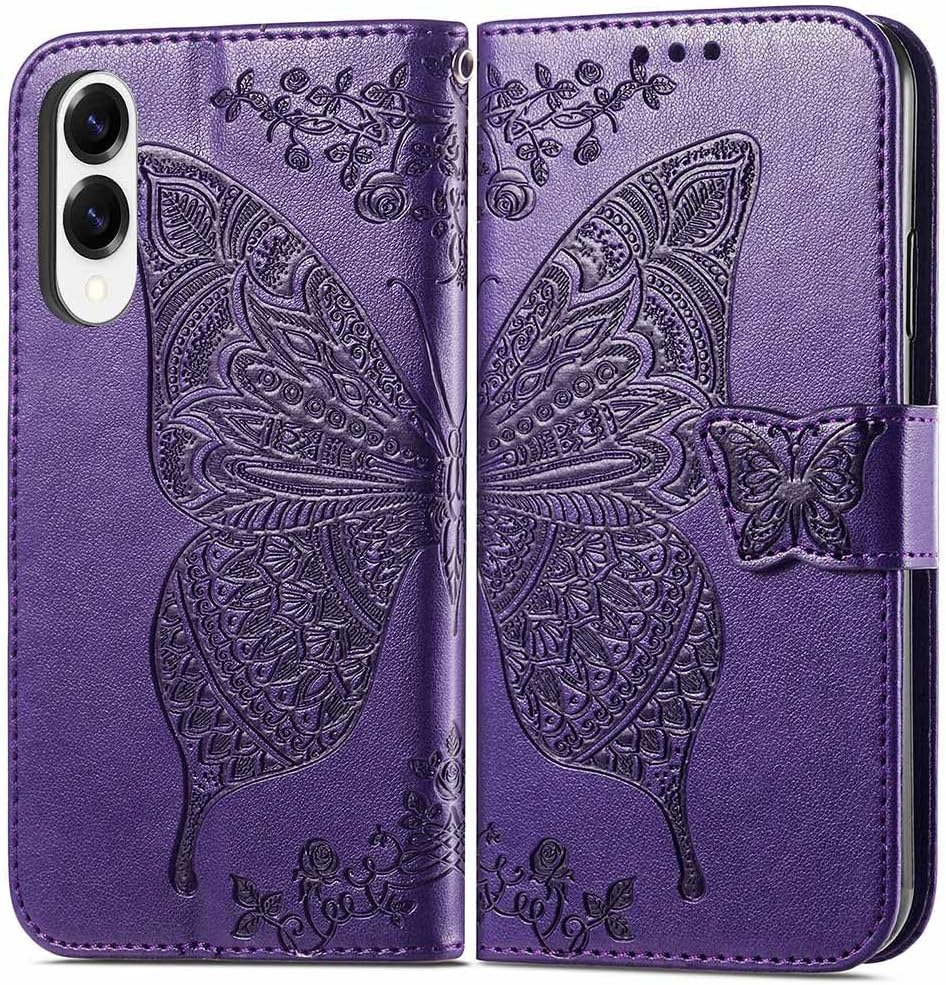 for Samsung Galaxy S25 Edge 5G Phone Case Wallet,Women Flip Folio Butterfly Embossed PU Leather with Credit Card Holders Kickstand Wrist Strap Purse Cover (Purple) - Image 2