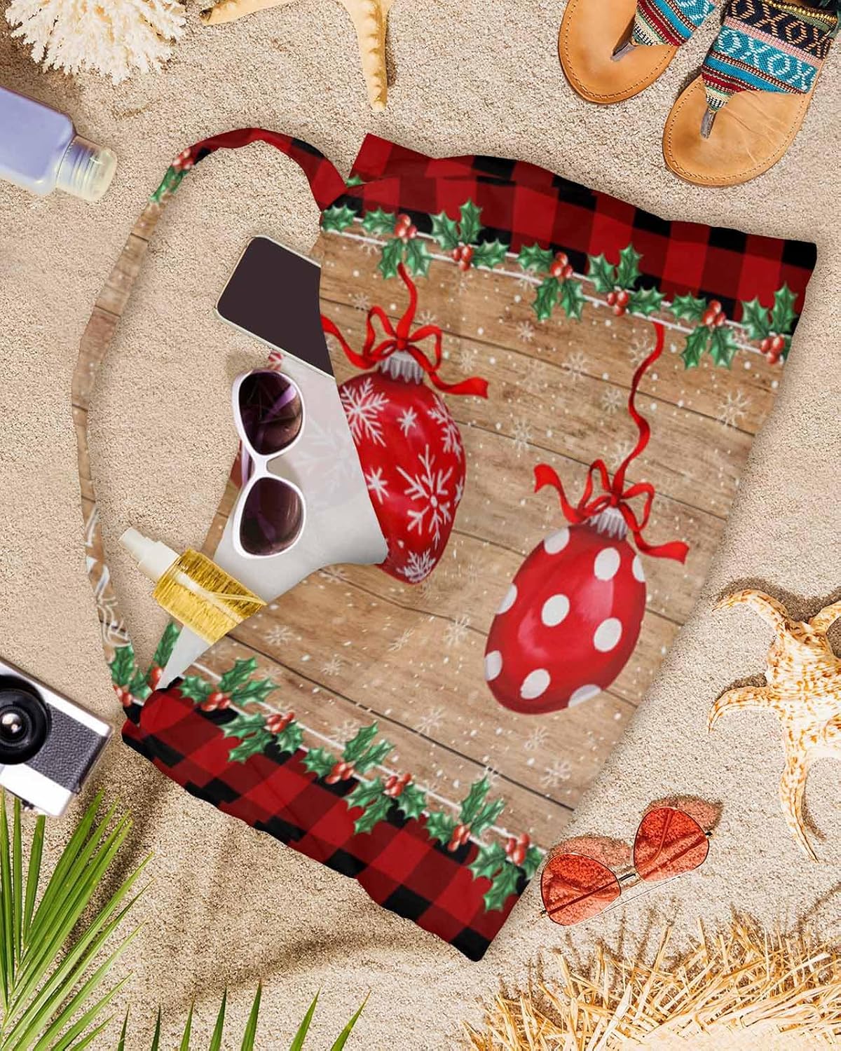 Christmas Bohemia Ball Beach Pool Patio Lounge Chaise Chair Cover Towel With Pockets,Absorbent & Quick Dry Microfiber Towel Cover Bag Summer Accessories Xmas Farmhouse Brown Wood Grain Plaid