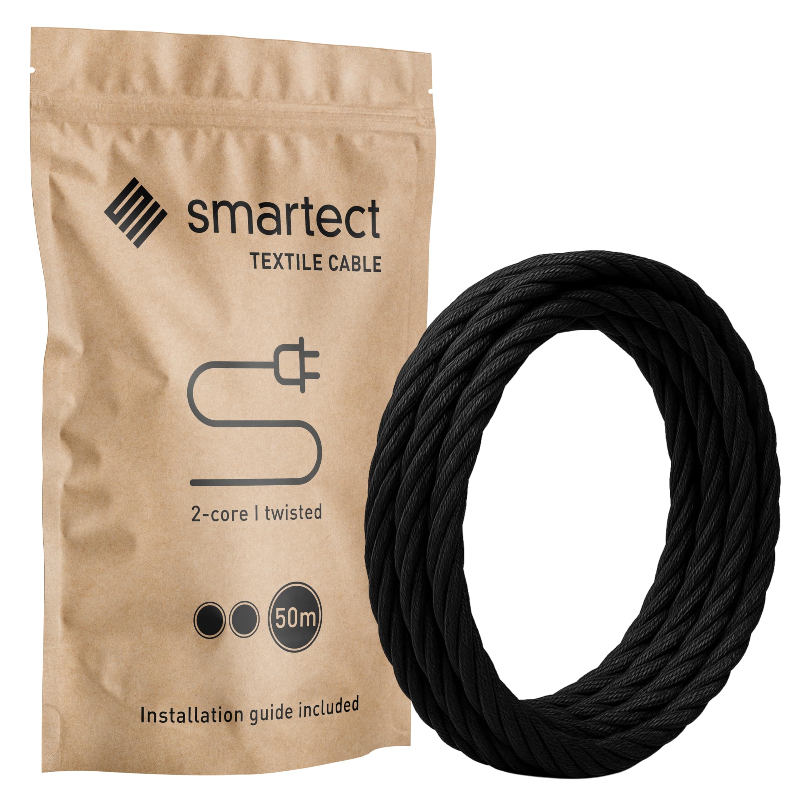 smartect Câble Textile tordu 2 Conducteurs (2 x 0,75mm²) en Noir 50 Mètres