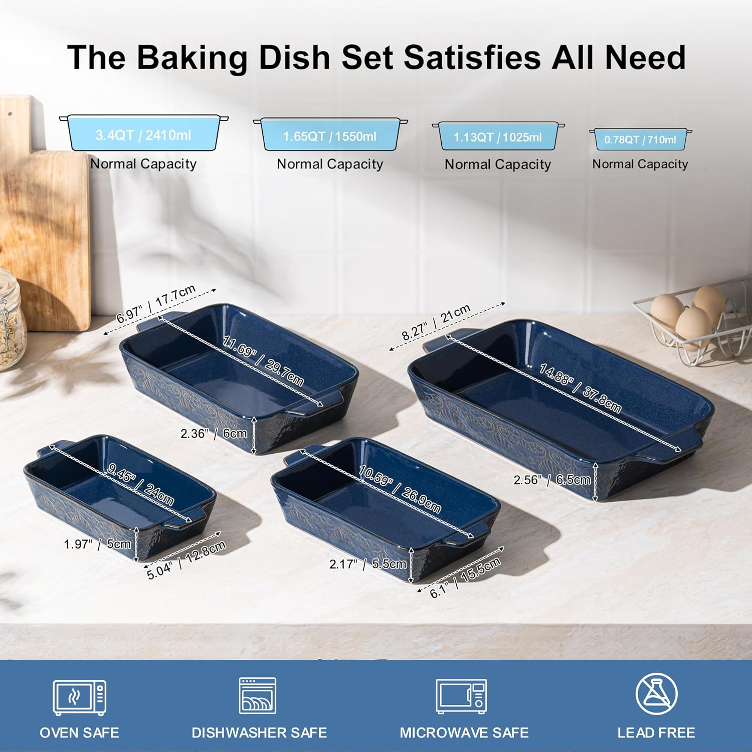 Casserole Dishes for Oven, Baking Dishes, Ceramic Bakeware Sets of 4, Rectangular Baking Pan Set with Handles for Baking, Casserole, Kitchen, Wedding Gift (Blue)