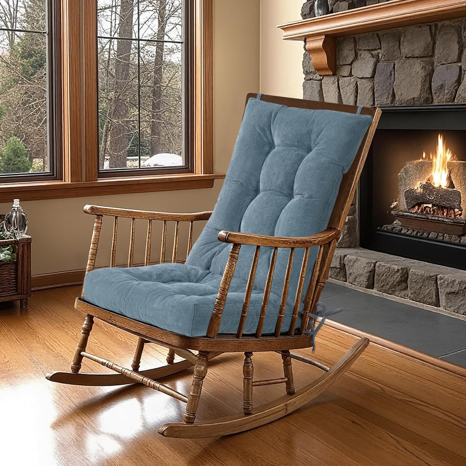 Rocking Chair Cushion, Non Slip Seat & Back Cushions with Ties,Durable Comfort Non-Slip Bottom Tufted Seat Pads (Blue)