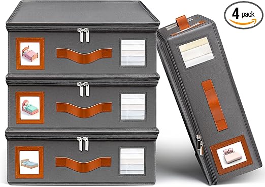 4 Pack Sheet Storage Organizer (King & Queen Size), Foldable Bed Sheets Set Organizers and Storage Organizers with Window, Folding Bedding Storage Organizer for Bedsheets, Blankets and Towel (Grey)