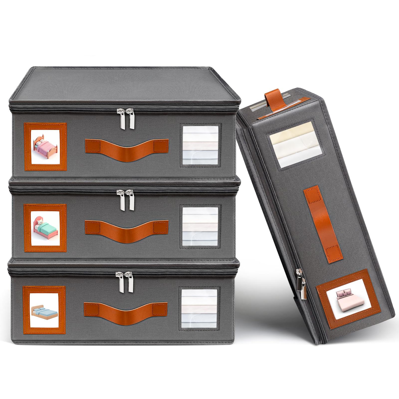 4 Pack Sheet Storage Organizer (King & Queen Size), Foldable Bed Sheets Set Organizers and Storage Organizers with Window, Folding Bedding Storage Organizer for Bedsheets, Blankets and Towel (Grey)